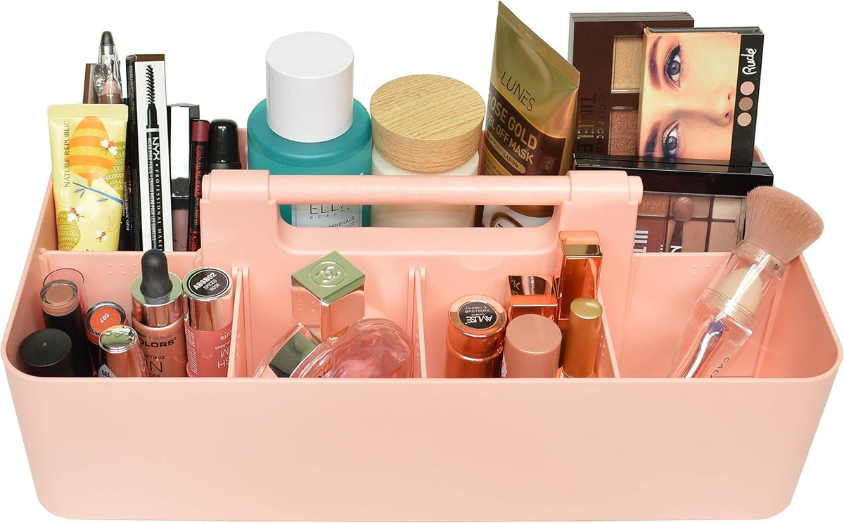 New Plastic Portable Makeup Organizer Caddy Tote Divided Basket Bin with Handle, for Bathroom Storage Made In USA (Indie Pink)
