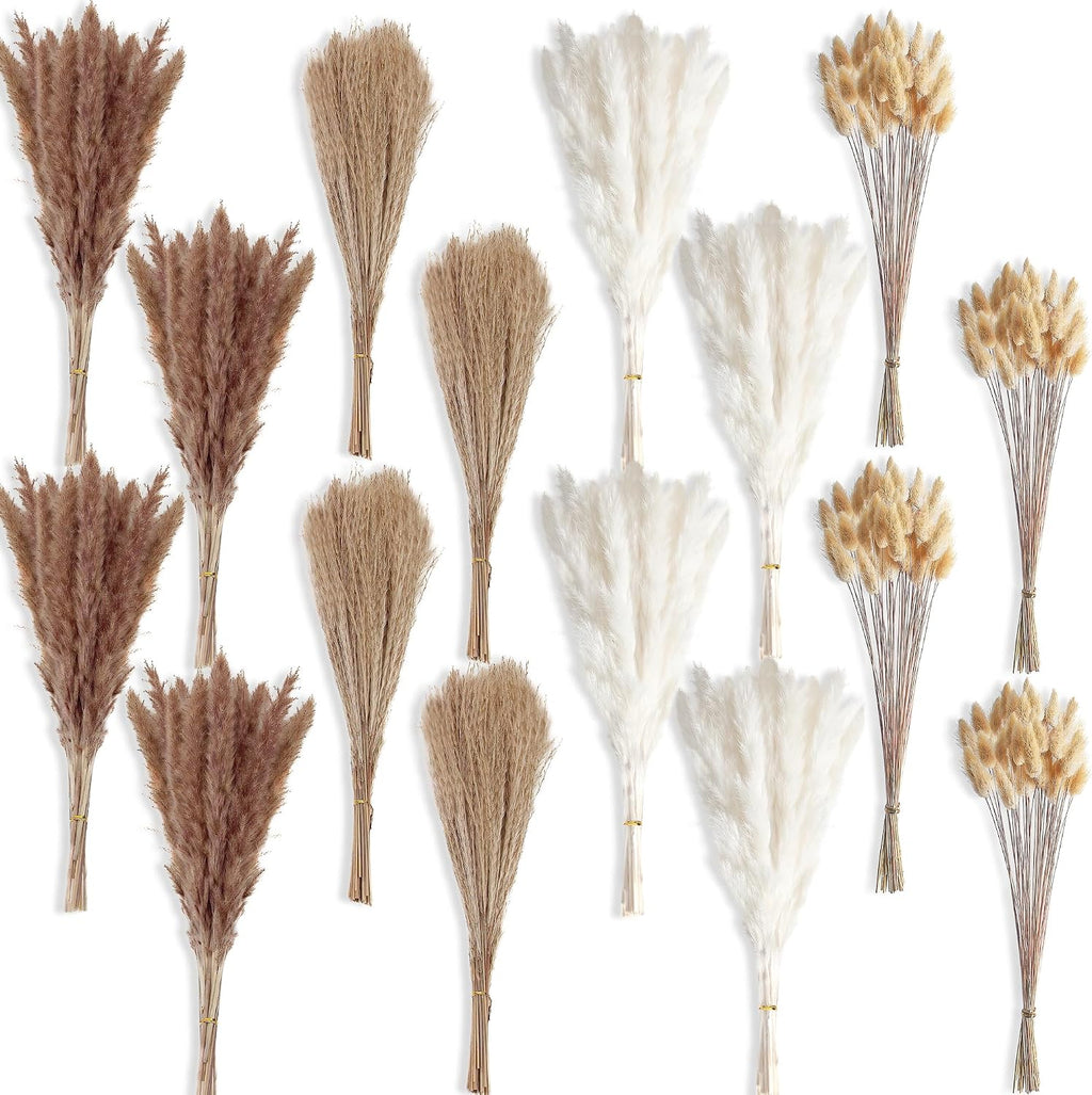 400 PCS Small Boho Pampas Grass, 17" Naturally Dried Pompas, Pampas Grass Decor for Wedding , Boho Party Decorations, Table Decor（Brown and White）