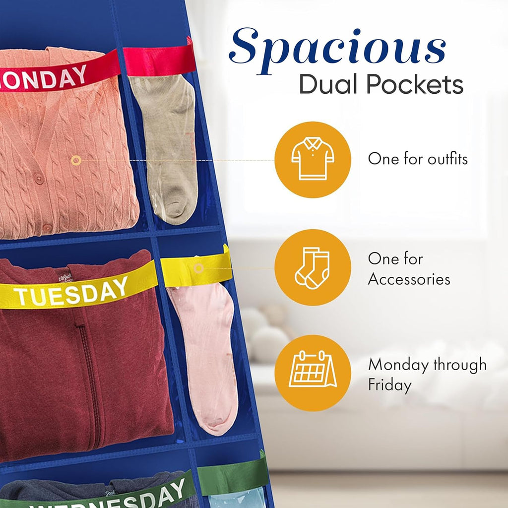 Handy Laundry Weekly Clothes Organizer for Kids – 5-Shelf Hanging Closet Storage with Day of the Week Labels, Over the Door or Wall Mount, Large Capacity, Encourages Routine, Blue