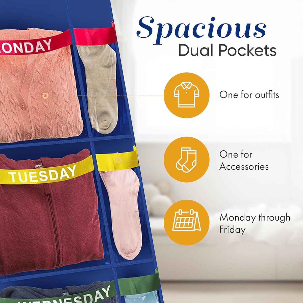 Handy Laundry Weekly Clothes Organizer for Kids – 5-Shelf Hanging Closet Storage with Day of the Week Labels, Over the Door or Wall Mount, Large Capacity, Encourages Routine, Blue