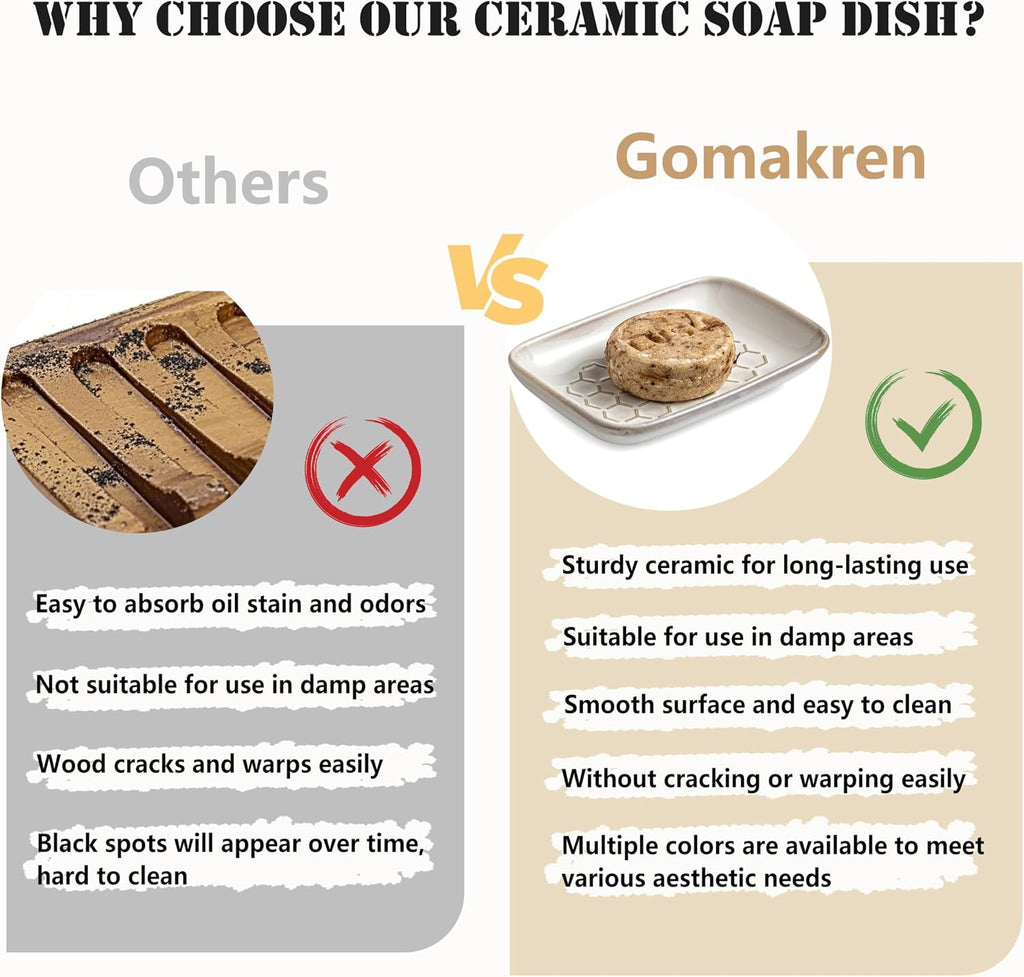 Gomakren Ceramic Soap Dish for Shower, Honeycomb Soap Tray 5.5 Inch, Beige