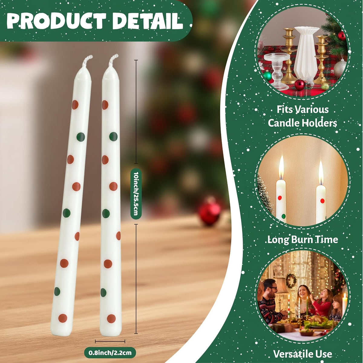 2 PCS Christmas Taper Candles, 10 Inch Unscented Candle Sticks