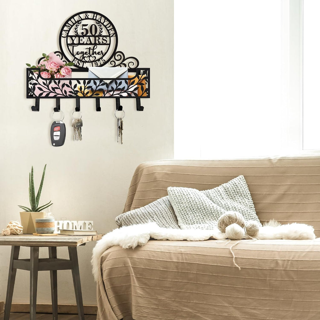 Personalized Metal Anniversary Wedding Gift Key and Mail Holder, Wall Mount Entryway Organizer with Hooks, Custom Key Rack for Kitchen, Bathroom, and Home Storage