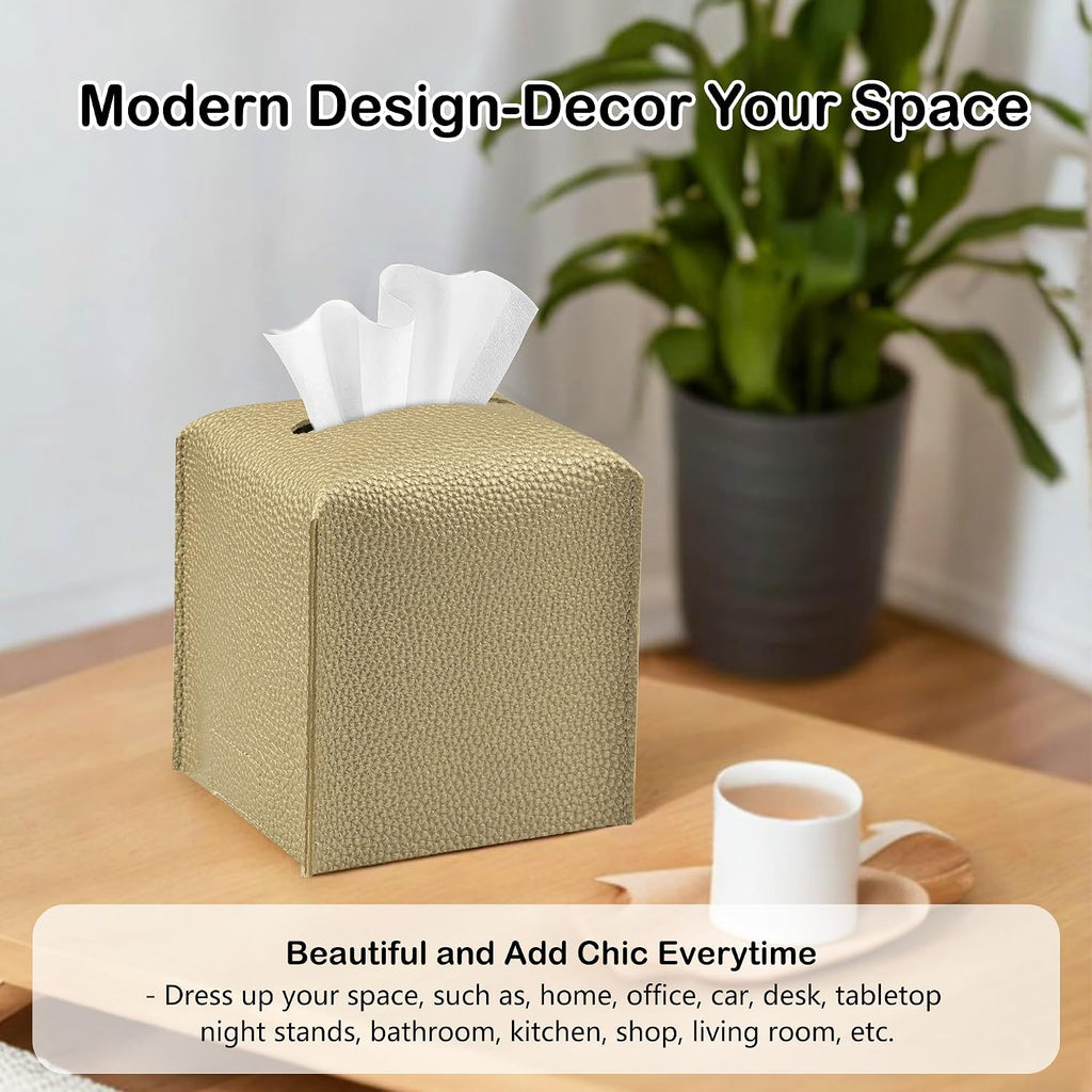 Square Tissue Box Cover PU Leather Tissue Holder for Bathroom, Cube Décorative Organizer, Tissue Paper Dispenser for Bathroom, Kitchen, Bedroom, Office, Tabletop (1, Gold)