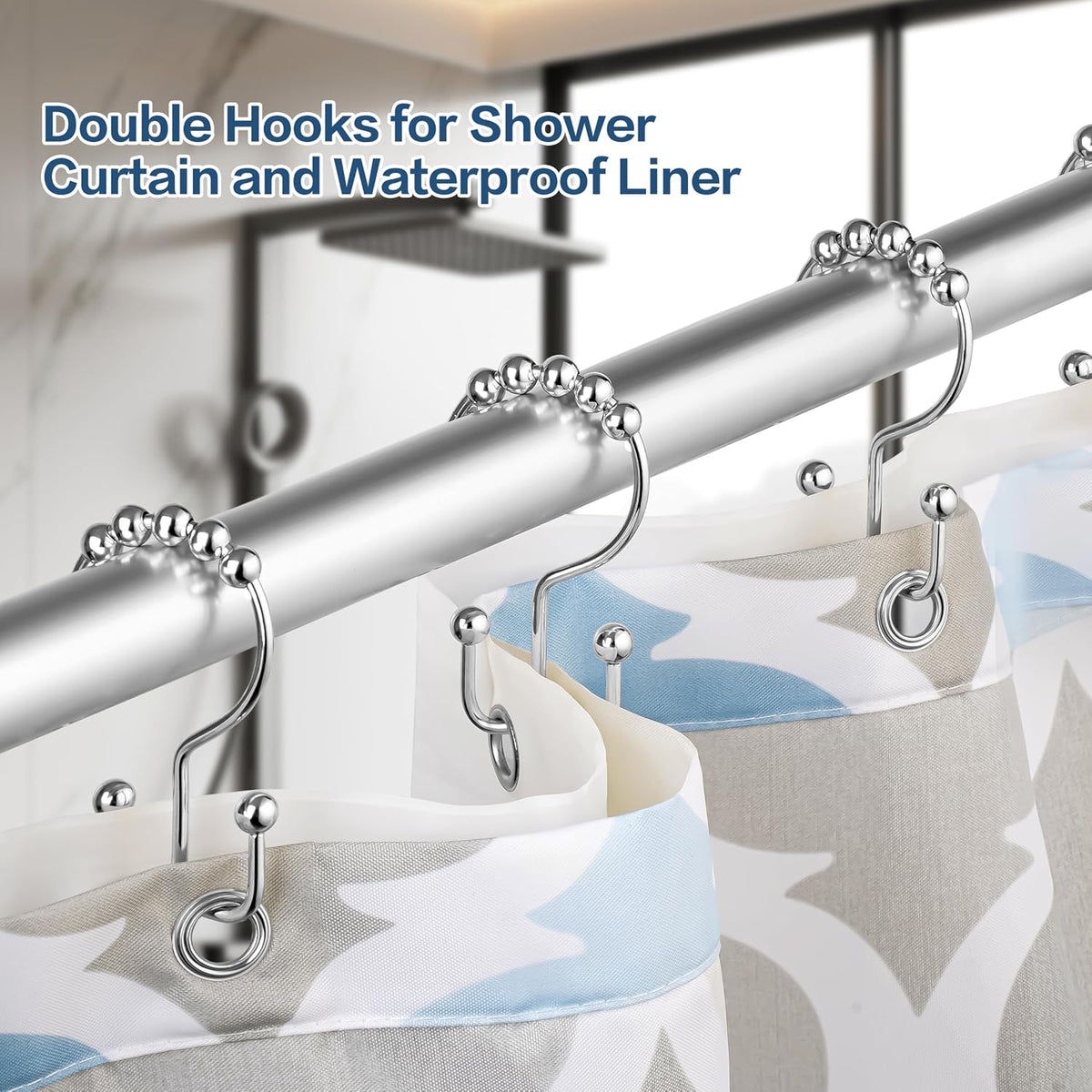DAWNER Shower Curtain Hooks, Rust Proof Metal Easy Glide Double Rings, Stainless Steel Hangers for Bathroom Curtains, Set of 12, Polished Chrome (Pack of 3)