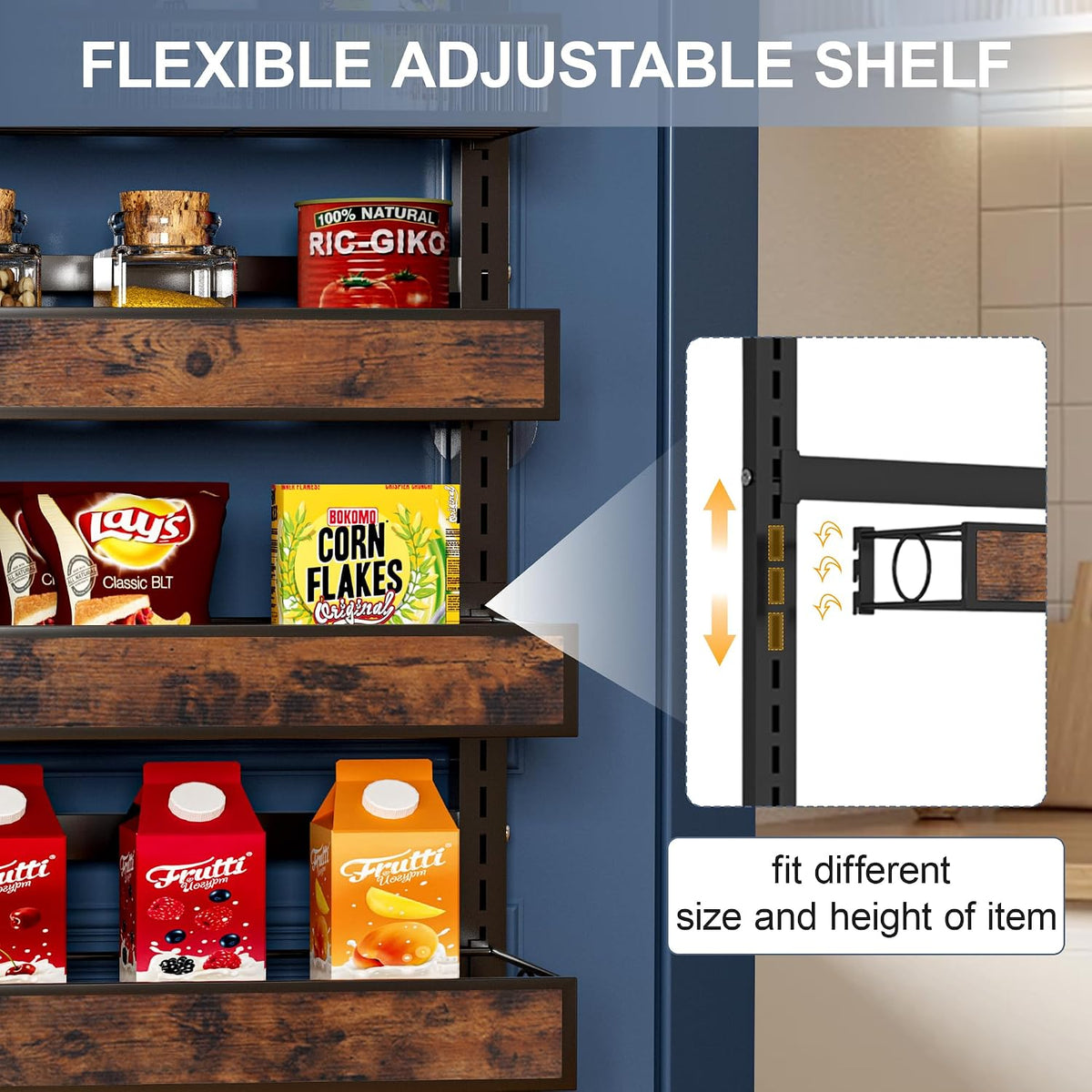 9 Tier Over The Door Pantry Orangizer 2 IN 1 Wall Mounted or Hanging Spice Rack with Adjustable Wood Basket,Heavy Duty Seasoning Storage Shelf for Kitchen Pantry and Bathroom Black