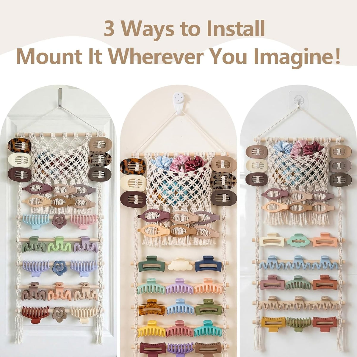 Hysagtek Hair Claw Clip Organizer - Large Capacity Mesh Bag Macrame Scrunchies Holder Hair Ties Organizer Claw Clips Hanger Home Boho Decor for Wall Door Closet