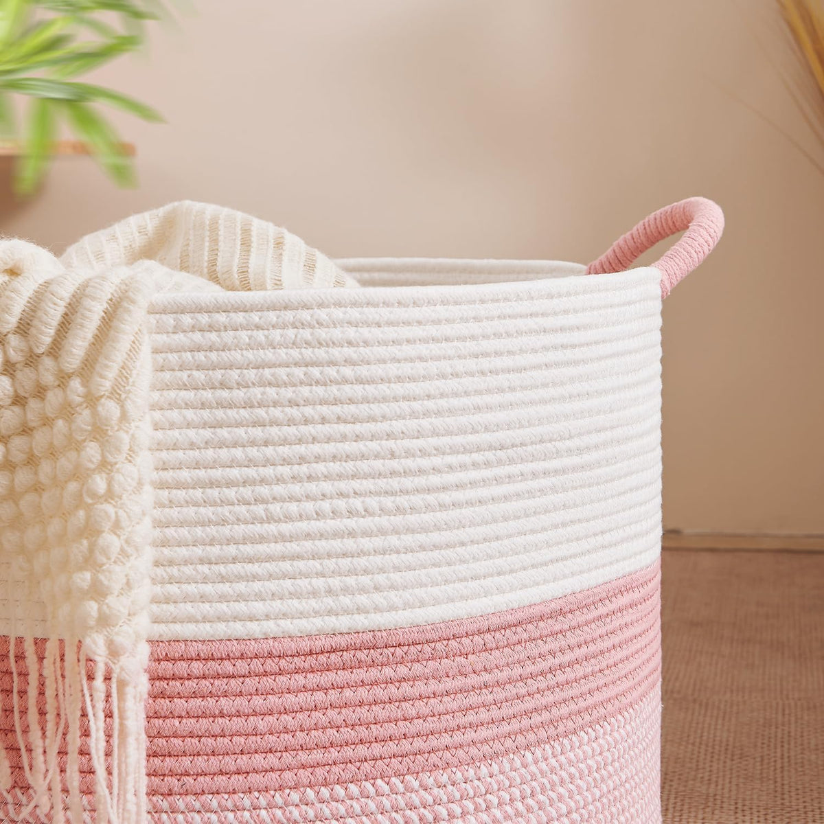 CLHMILY&Z Large Cute Pink Basket - 20x13 Inches - Blanket Hamper for Living Room, Round Storage Bin, XLarge Laundry Organizer for Clothes, for Tree Plant, Mix Brown