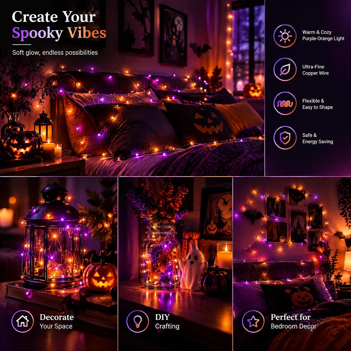 Dazzle Bright Purple and Orange Halloween Fairy String Lights, 4 Pack Total 80FT 240LED Copper Wire Battery Operated Waterproof Lights, Halloween Decorations for Indoor Home Patio Yard Party Decor