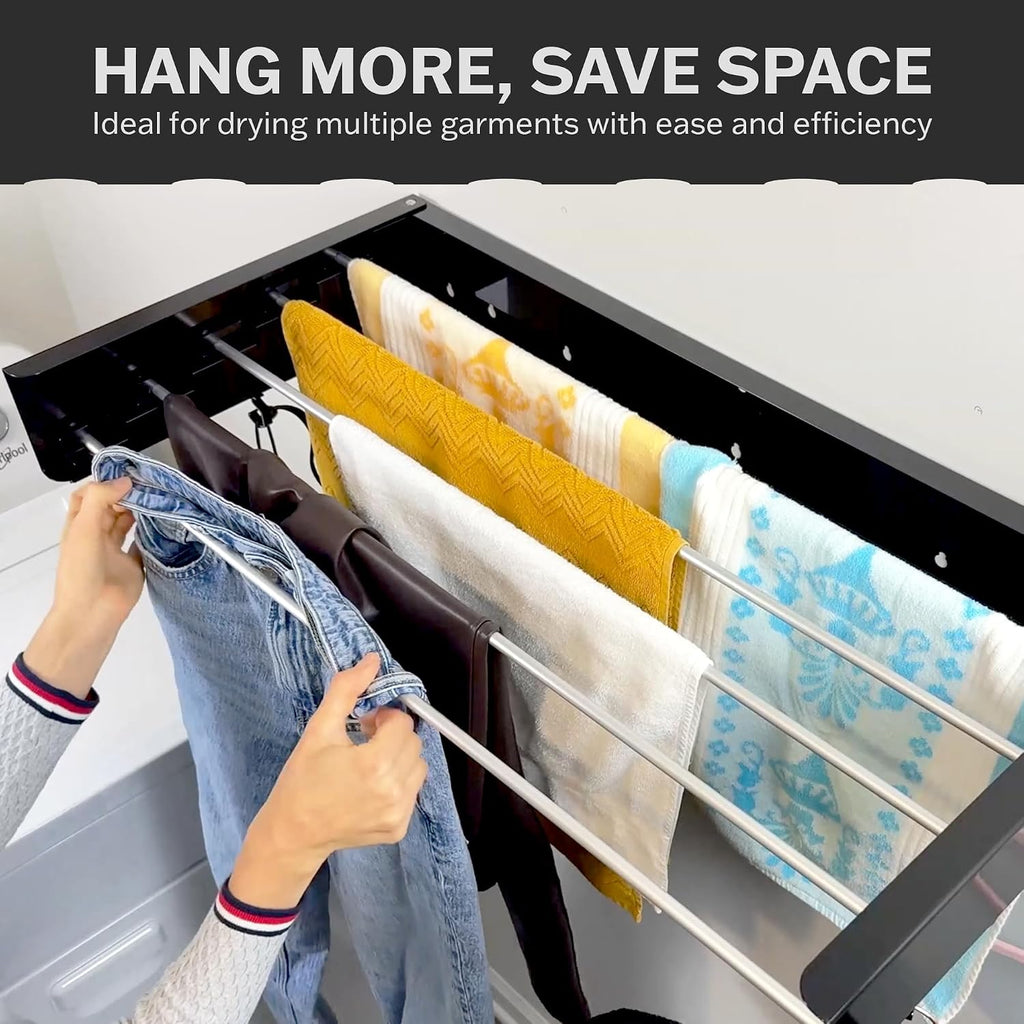 Foldable Wall Mounted Drying Rack - 31.5” Wide, 13.2 Ft Drying Space, 5 Rust-Resistant Rods, Supports Up to 60 lbs - Retractable & Foldable Space-Saving Wall Mounted Clothes Drying Rack (Black)