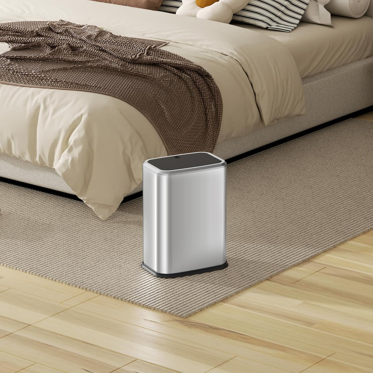 Bathroom Trash Can with Lid, 8L/2.1 Gallon Silver Trash Can Small Garbage Can with Press Top Lid Slim Stainless Steel Garbage Can with 100 Counts Trash Bags for Bathroom Bedroom Kitchen Office Toilet