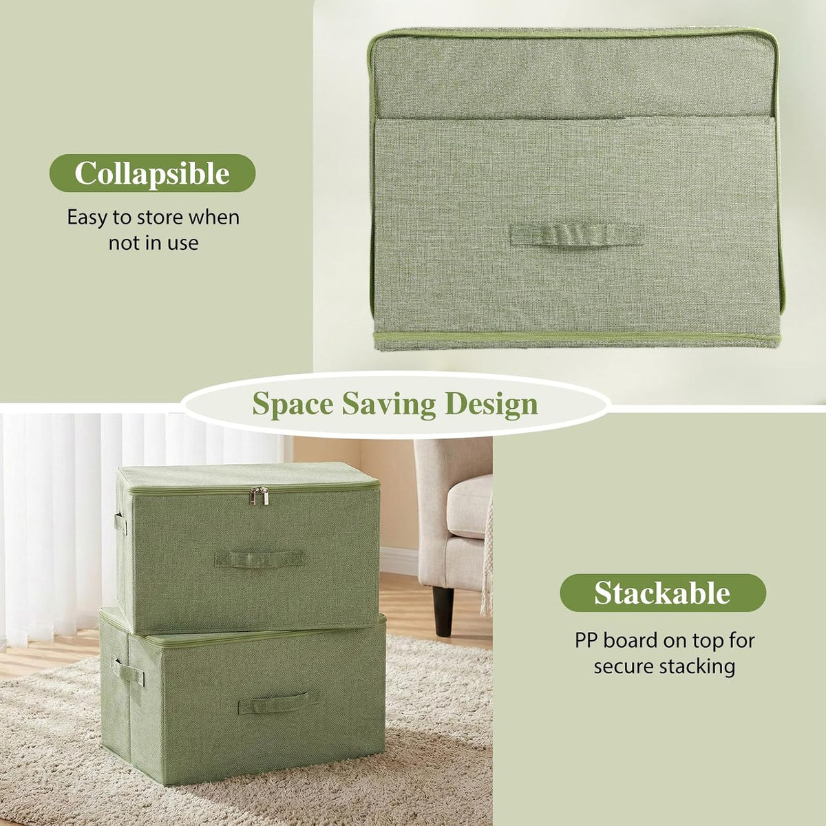 ANMINY Fabric Storage Bins with Zipper Lids, 18"x14"x10", Green, 2 PCS