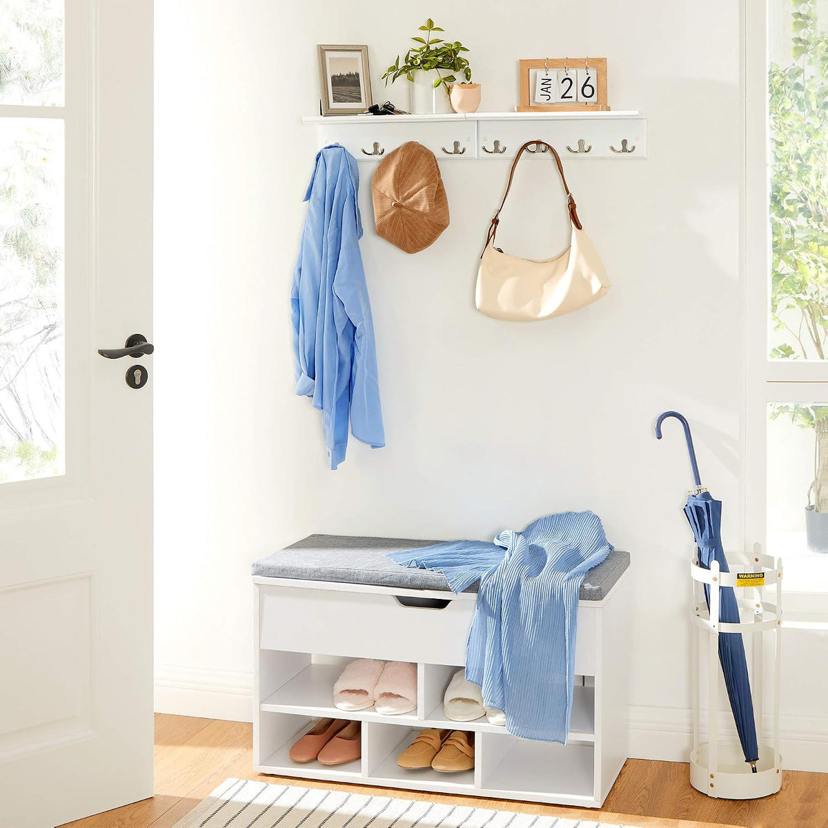 SONGMICS Wall-Mounted Coat Rack with Shelf, 4 Dual Metal Hooks