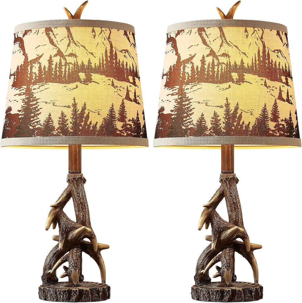 23'' Rustic Deer Antler Table Lamps Set of 2 for Log Cabin Bedroom Nightstand Western Country Side Lamp for Living Room End Table Study Room Desk, Brown, Forest Print Shade