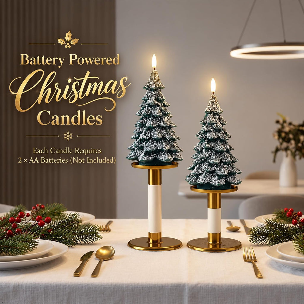 Fanna 2-Pack Real Wax Christmas Tree Shaped LED Candles with Snow Covered