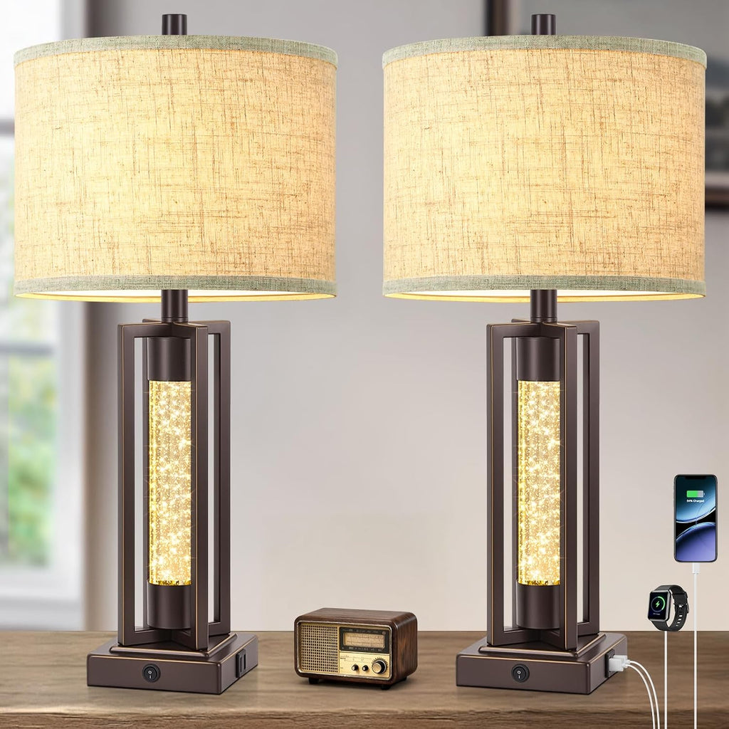 TOBUSA 26" Brown Farmhouse Table Lamps Set of 2 with Crystal Night Light