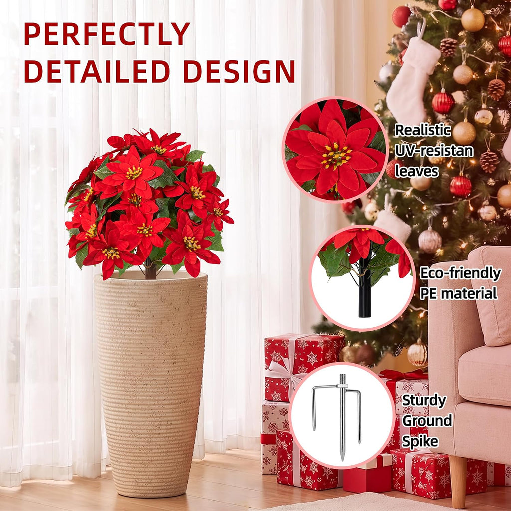 Artificial Christmas Poinsettia Flower Topiary Shrubs, Faux Greenery Ball Bush for Christmas Decoration,24.8" Fake Tree with Ground Spike,UV Resistant Plants for Front Porch Outdoor Decor,Set of 2