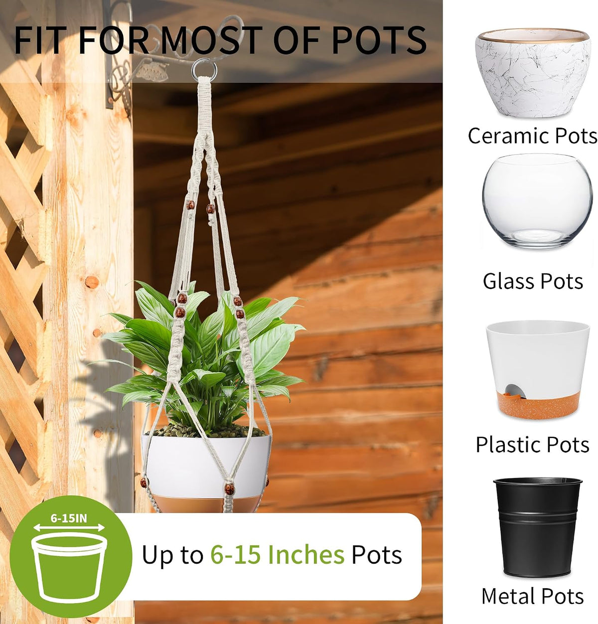 Macrame Plant Hanger - Fits 6-15 Inch Pots, Set of 2, Ivory