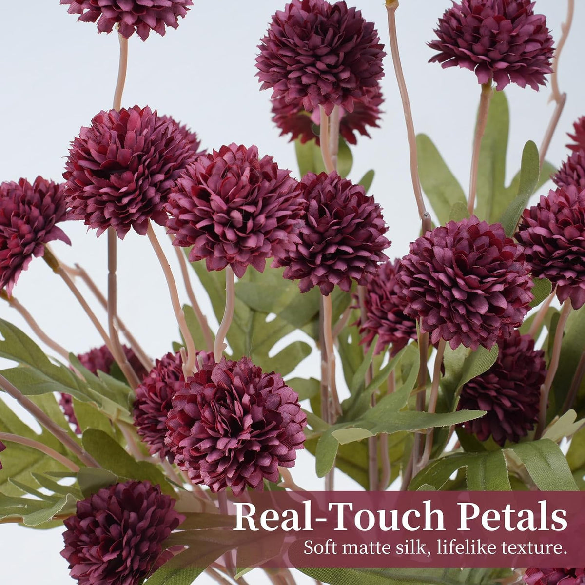 Faux Silk Mums Artificial Flowers - 7Pcs Artificial Mums Bendable Long Stems, Faux Flowers For Vase, Table, Wedding & Wreath Home Décor, Chrysanthemum Pom Pom Floral Arrangement, Burgundy (No Vase)