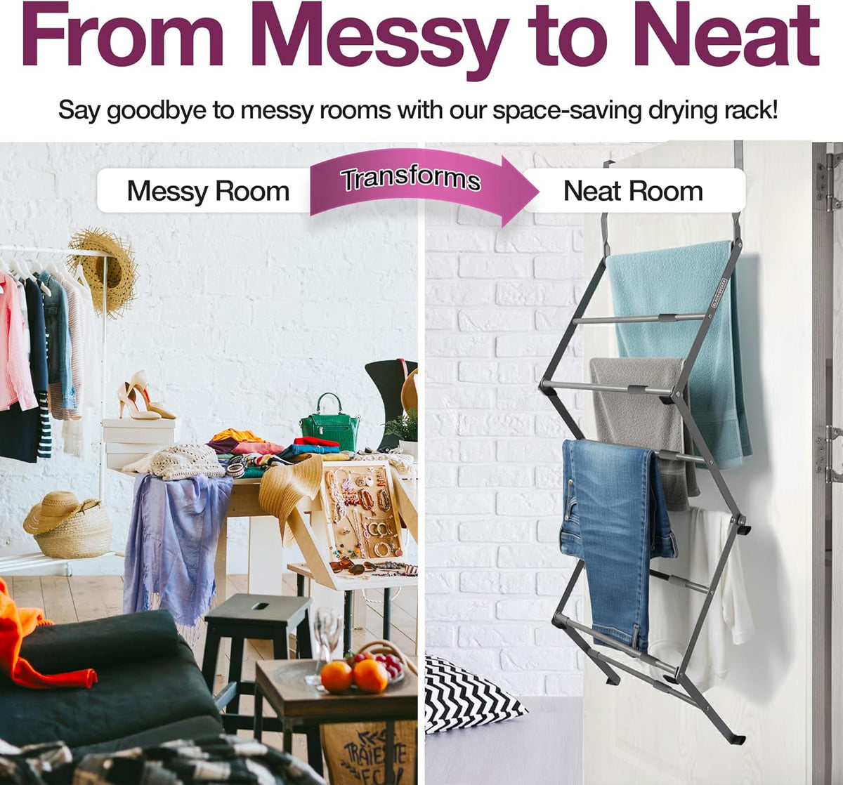 BLACK+DECKER Over The Door Expandable Telescopic Drying Rack, Clothes Organizer, Towel Hanger, Laundry, Collapsible, Gray