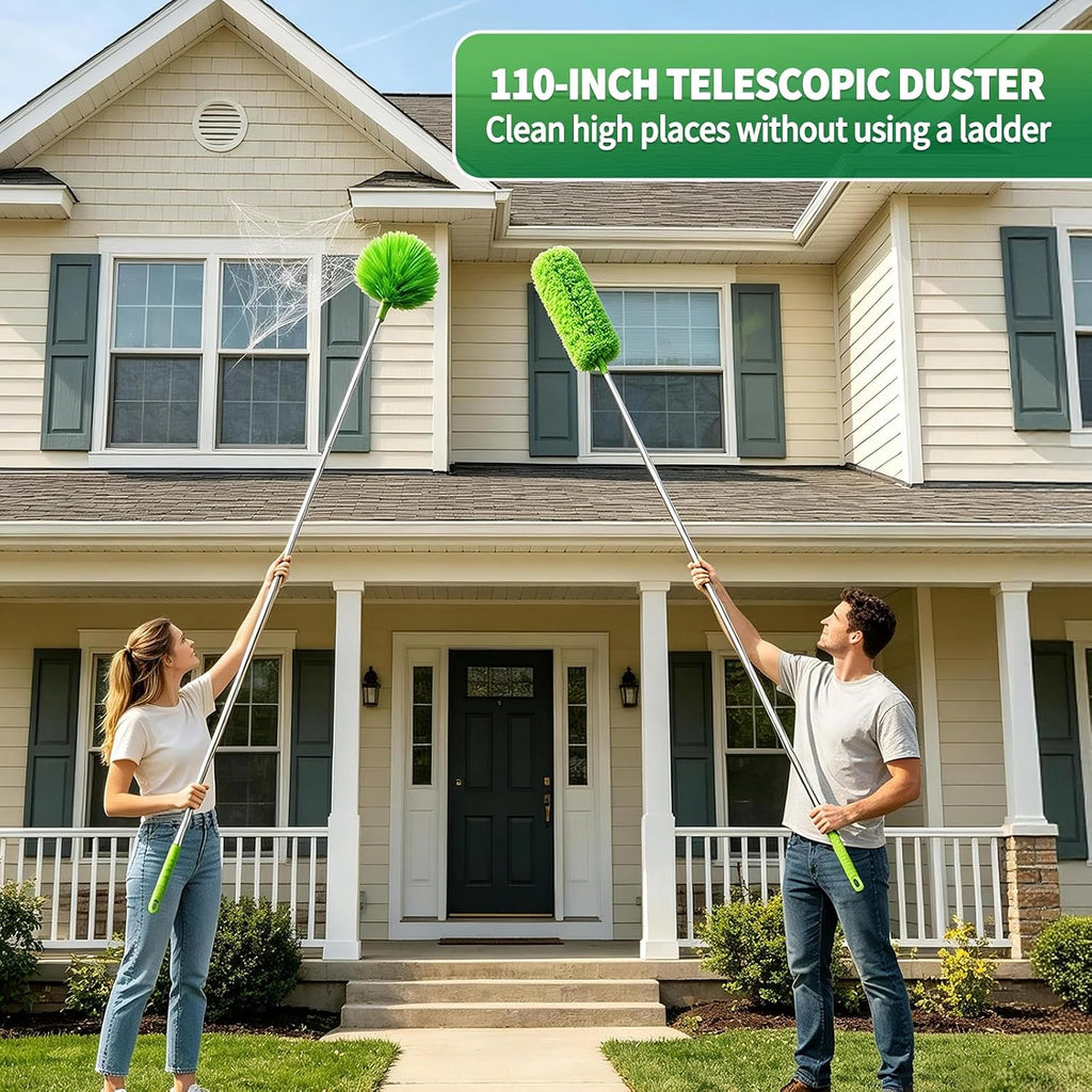 Cobweb Duster with Extension Pole, Washable Cleaning Duster Kit with 3 Duster Heads,15-110-Inch Telescoping Pole for high Ceiling Fans Duster,Crevice Brush, Corner Brush，Spider Web Brush