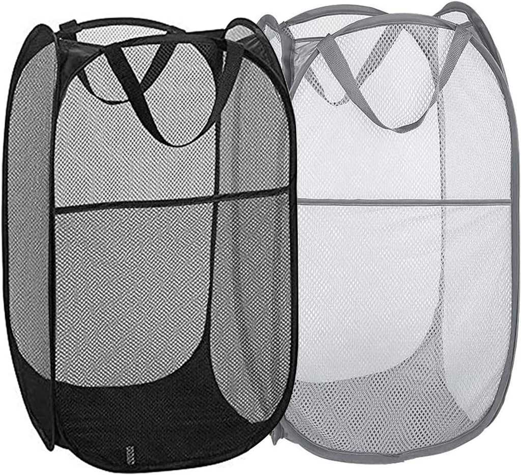 Pop Up Laundry Hampers, Collapsible Mesh Laundry Baskets for Home, Dorm, Travel, Portable Clothes Hampers, Pack of 2 (Black + Grey)