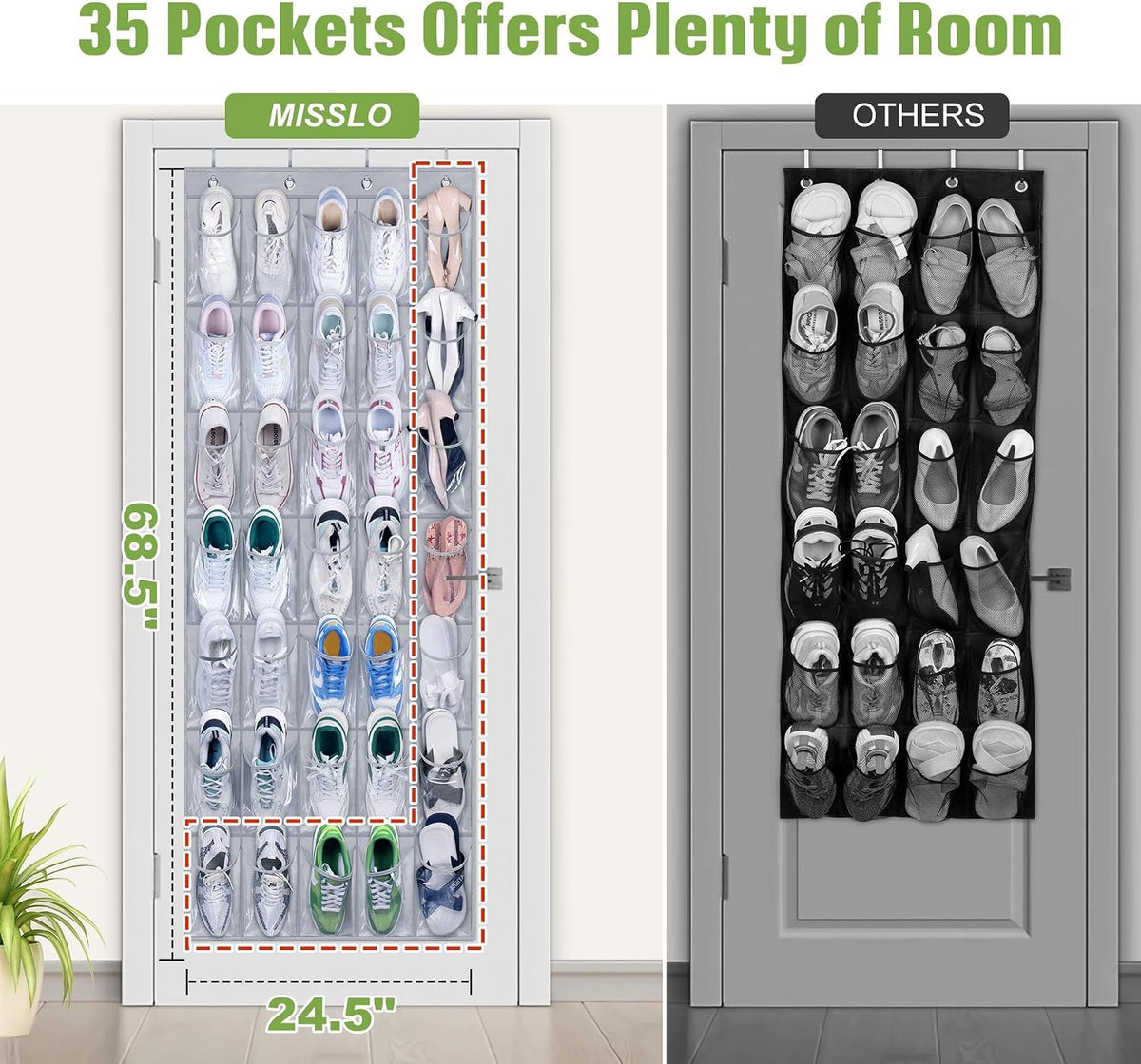 MISSLO 35 Clear Large Pockets Over The Door Shoe Organizer Sturdy Oxford Fabric Hanging Shoe Rack Closet Shoe Holder Hanger, Grey