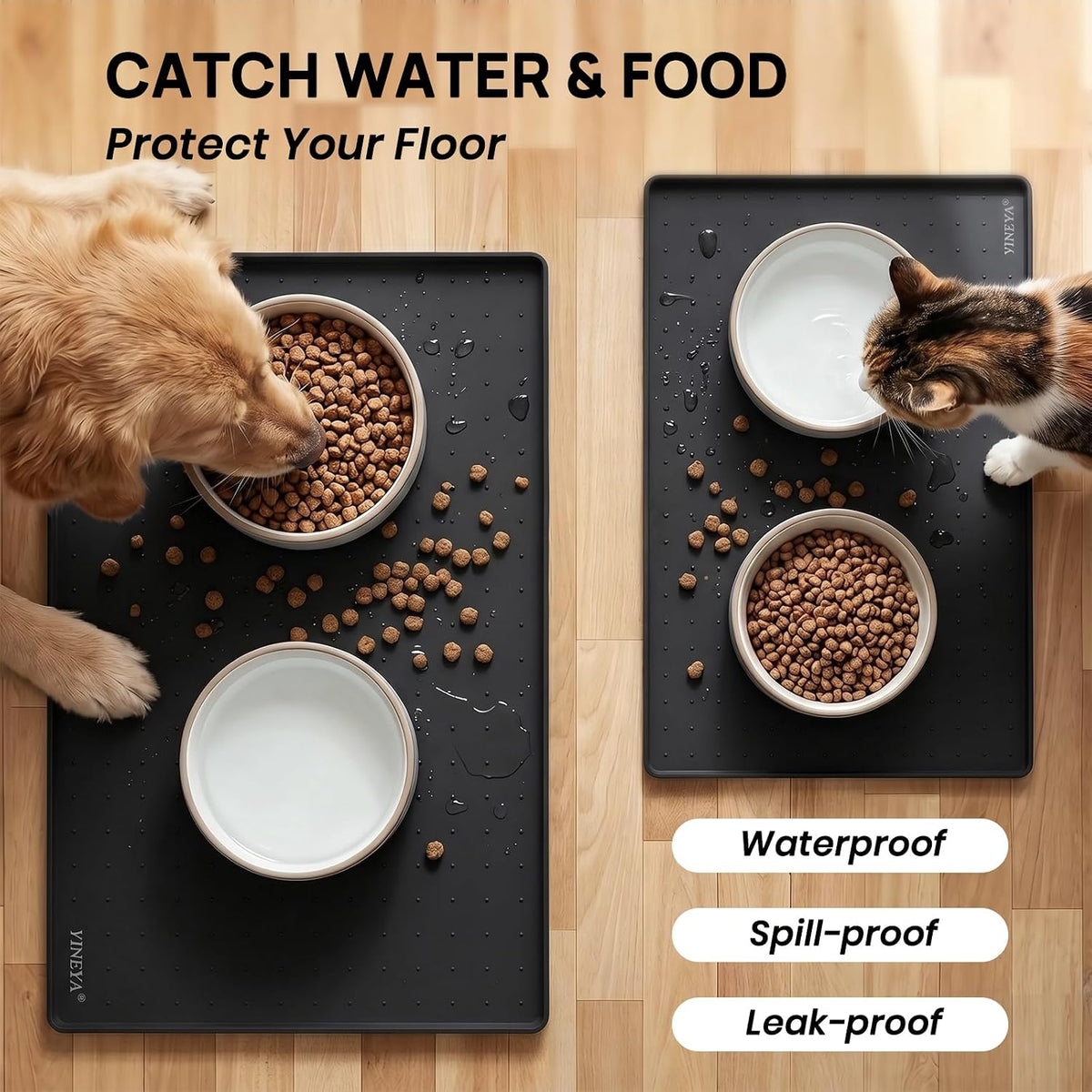 YINEYA 2 Pack Silicone Dog & Cat Food Mat Waterproof 18" x 12", Raised Edge Dog Bowl Mat for Food and Water, BPA-Free Non-Slip Pet Feeding Mats for Floors, Multifunctional Silicone Mat (Black)