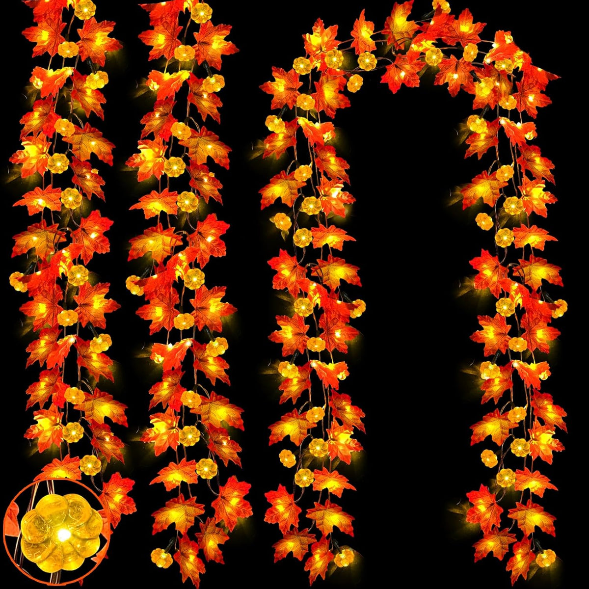 Timer&3 Pack Thanksgiving Decor Fall Garland with Pumpkin Lights 60LED