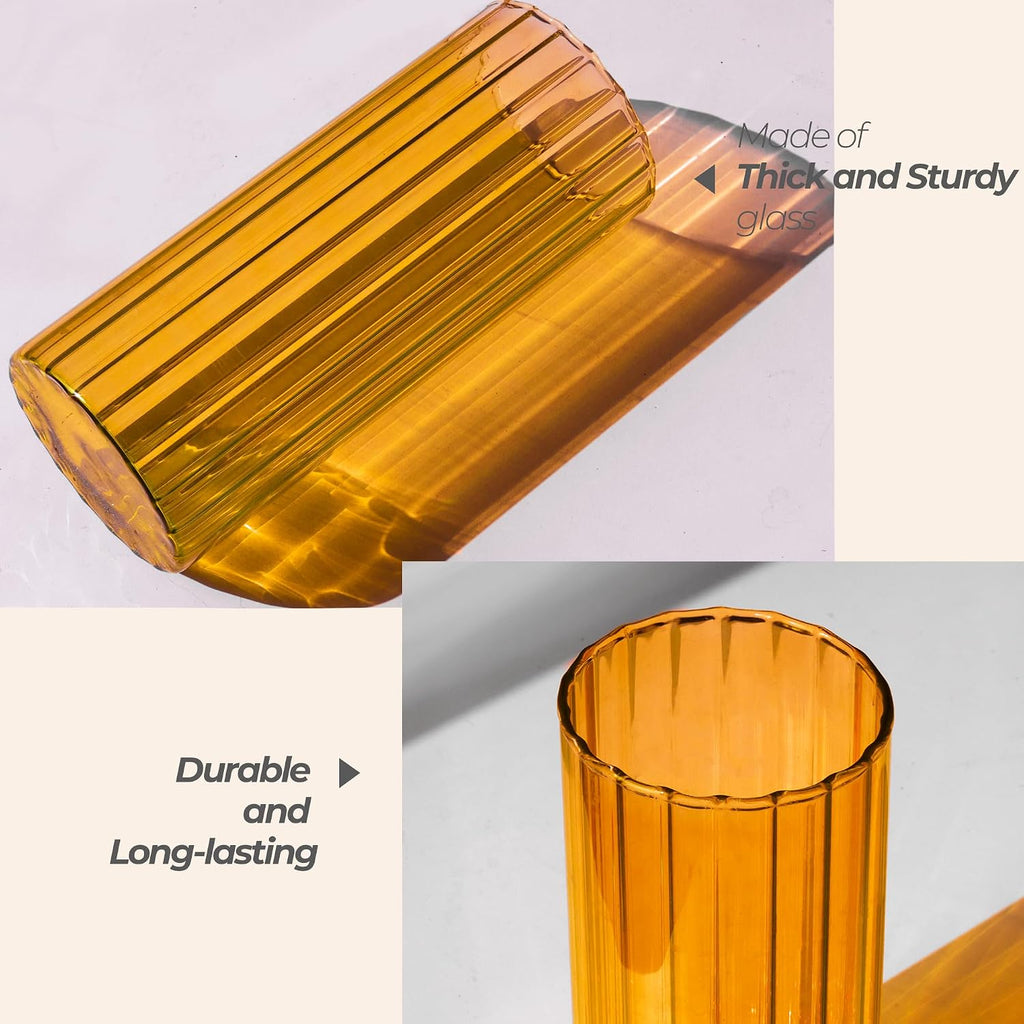ComSaf Glass Cylinder Vase 8 Inch Tall, Amber Ribbed Decor for Centerpieces