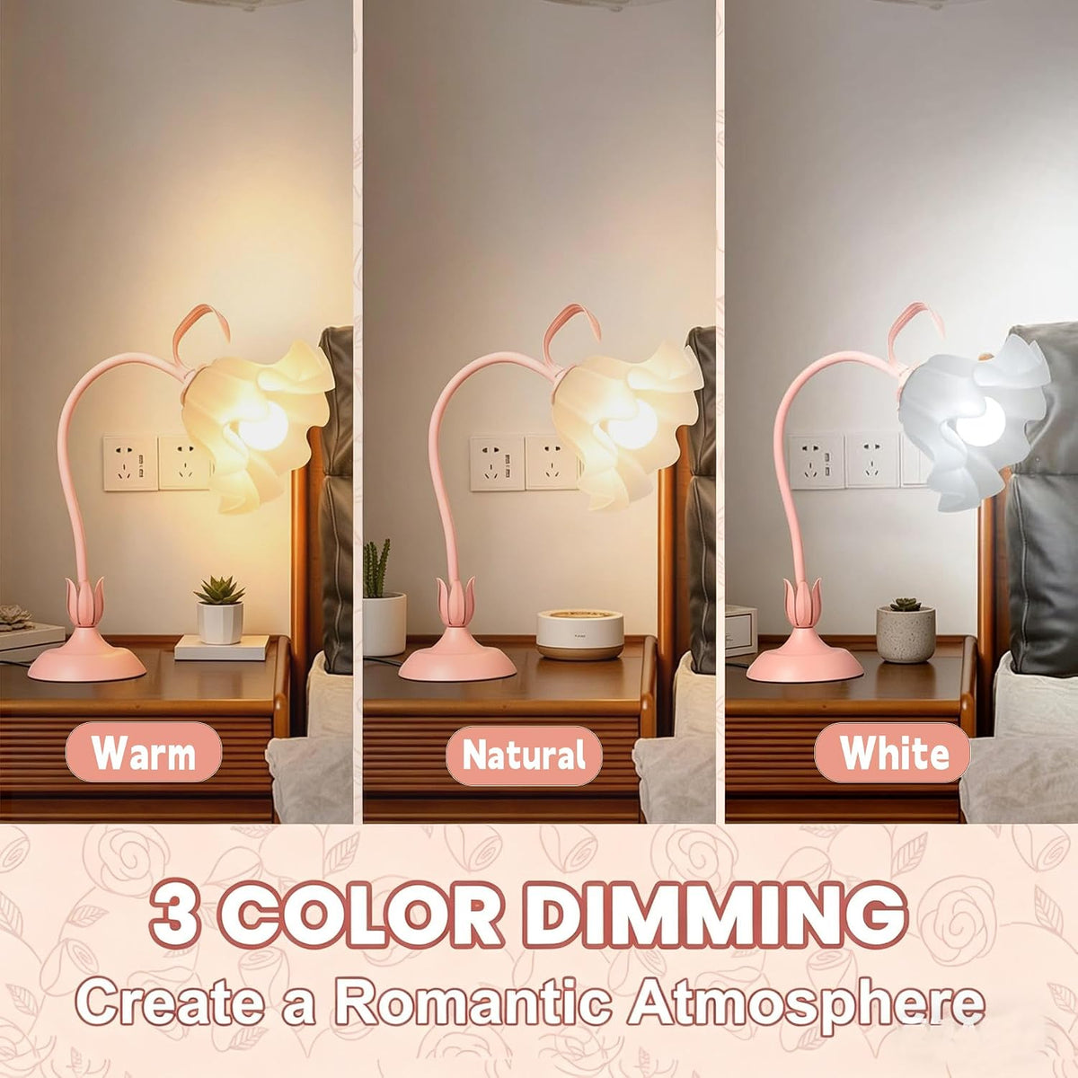 Flower Desk Lamp, LED Reading Light Flower Table Lamp, 3 Colors Flower Lamp for Girls Bedroom, Adjustable Flexible Nightstand Lamps, Bedside Table Lamp for Bedroom, Living Room, Home Decor (Pink)