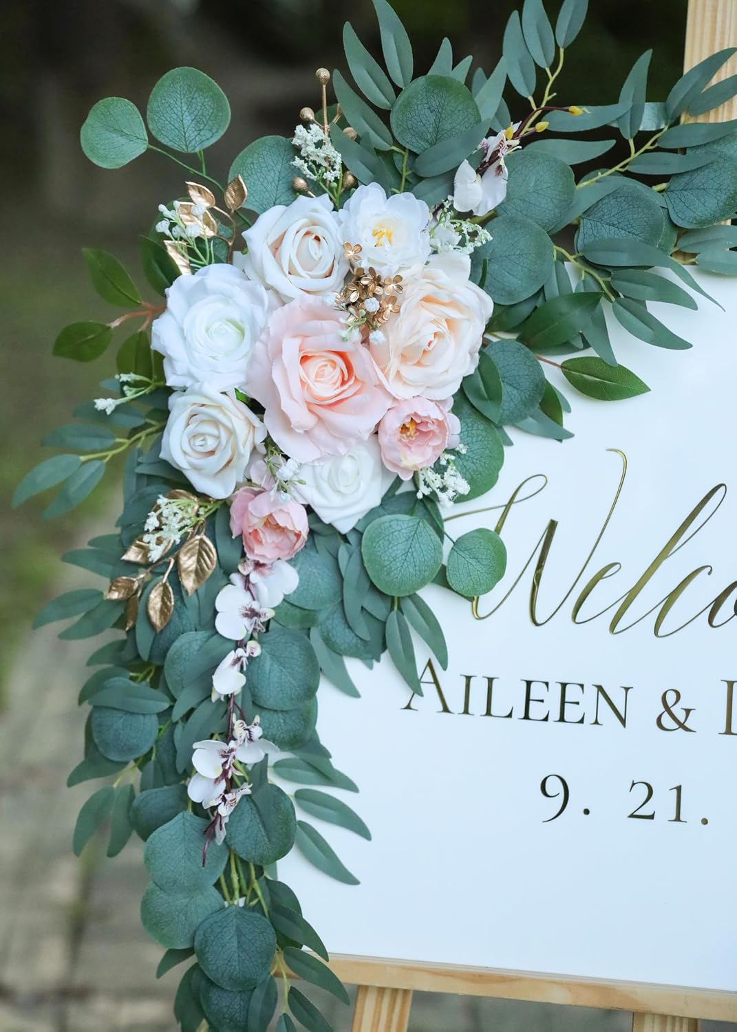 Artificial Blush Pink Wedding Arch Flower Swags Set of 2 for Welcome Signs and Ceremony Decorations, Champagne Gold Wedding Flowers