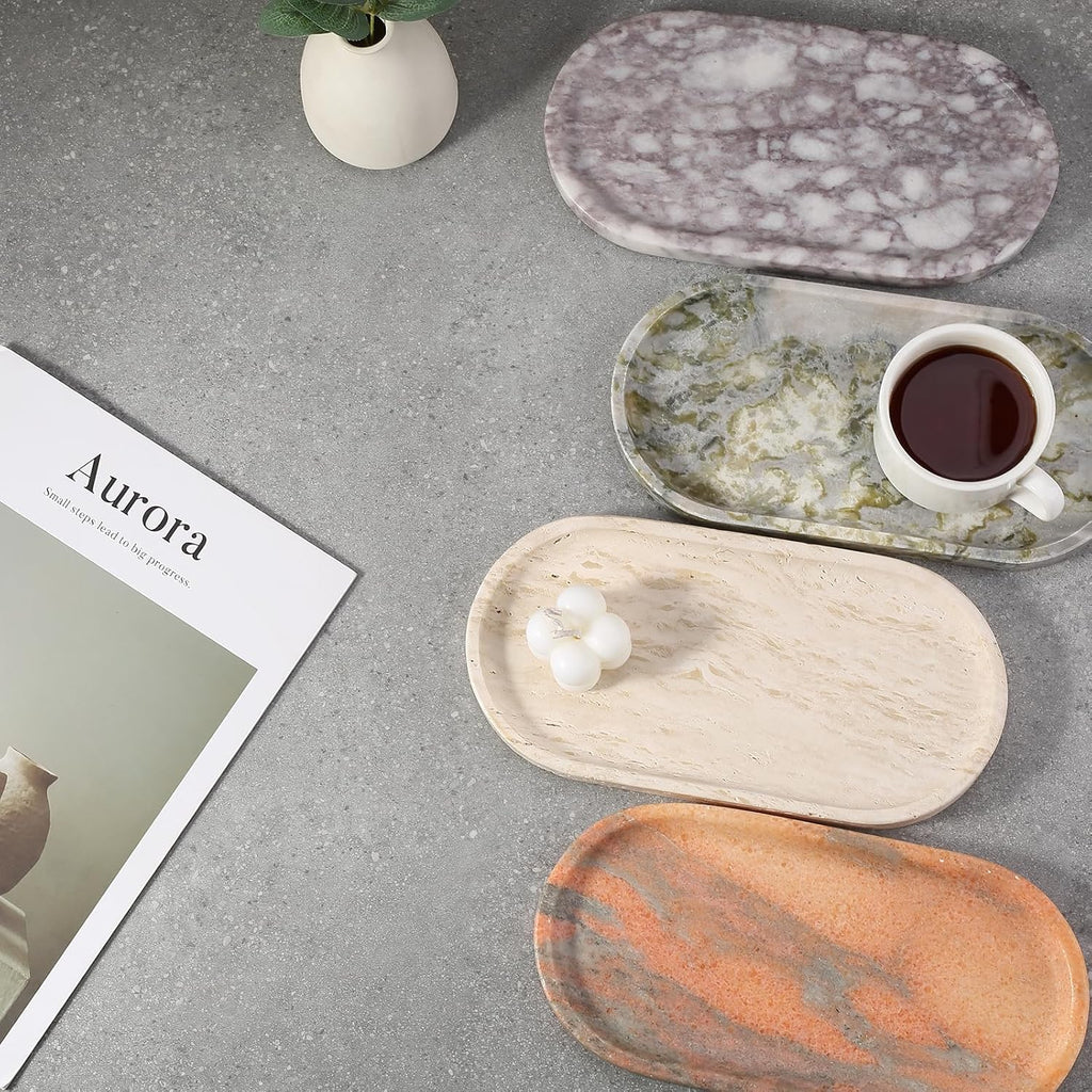 Koville Natural Marble Tray for Bathroom Countertop, Vanity Tray for Decor