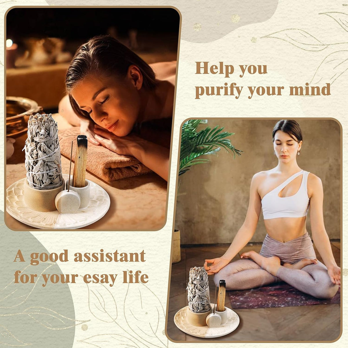 4 in 1 Incense Holder, Ceramic Incense Stick and Palo Santo Holder,Sage Holder for Burning- 5.5" Ceramic Ash Catcher Tray for Meditation and Yoga Room (Sand)