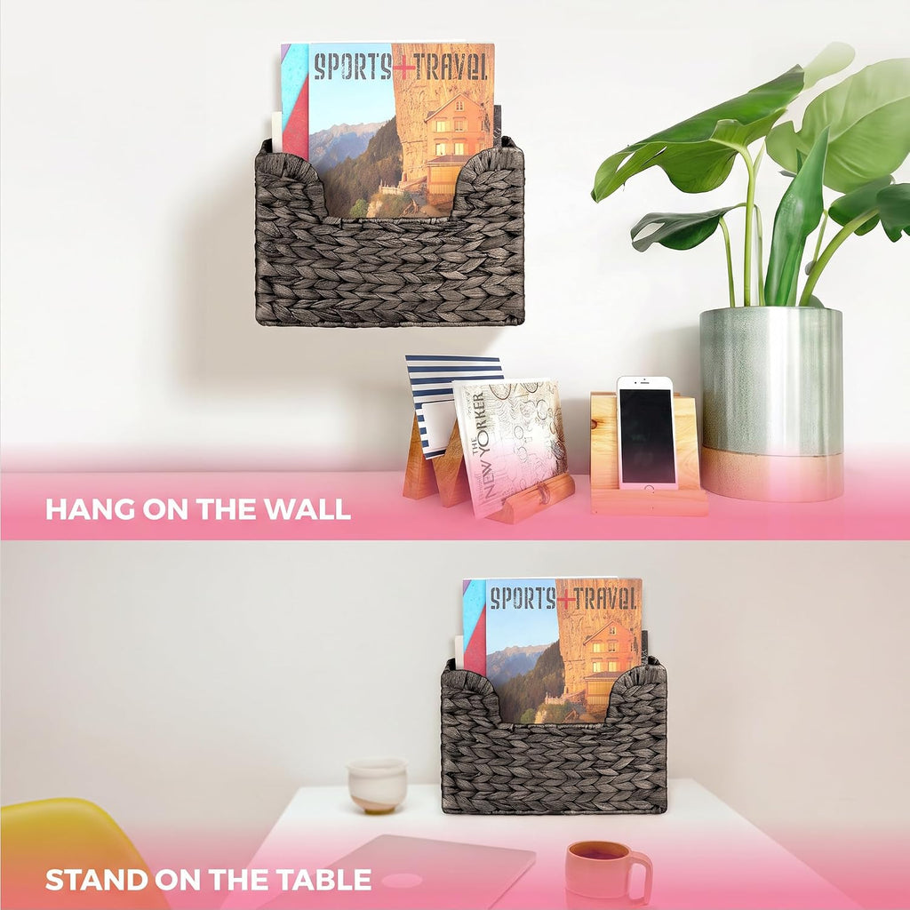 Handwoven Water Hyacinth Wall Magazine Holder - Natural Hanging Organizer for Mail, Newspapers & Magazines, Books & Files - Decorative Storage Basket for Bathroom, Living Room, Office.(Espresso Color)