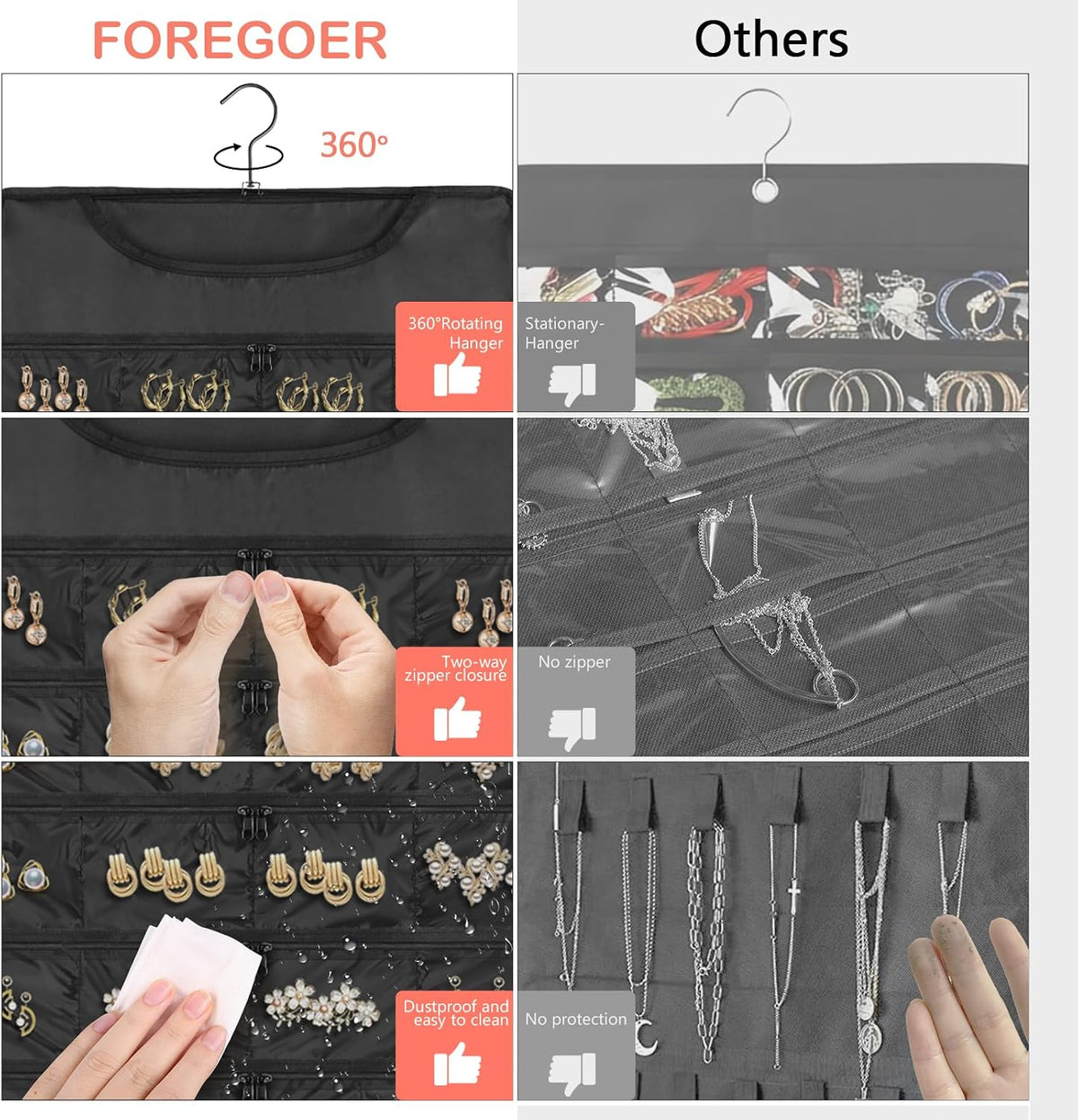 FOREGOER Hanging Jewelry Organizer 58 Zippered Pocket, 2-Sided, Black