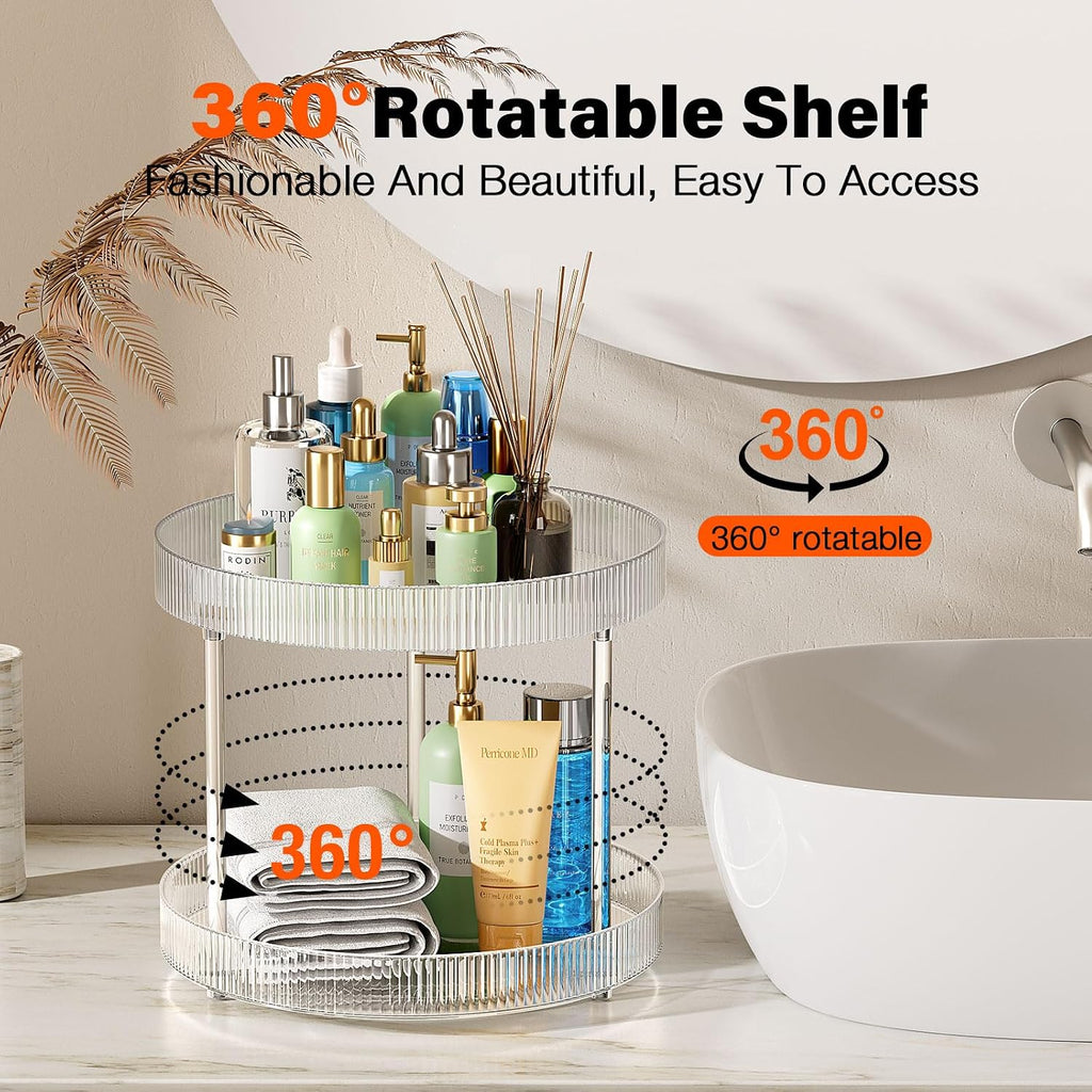 360° Clear Rotating Storage Tray, 2 Tier Lazy Susan Bathroom Countertop Organizer, Cosmetics and Perfume Organizer, Spinning Storage Tray Vanity Organizer Shelf for Bathroom Cabinet, Kitchen(Medium)