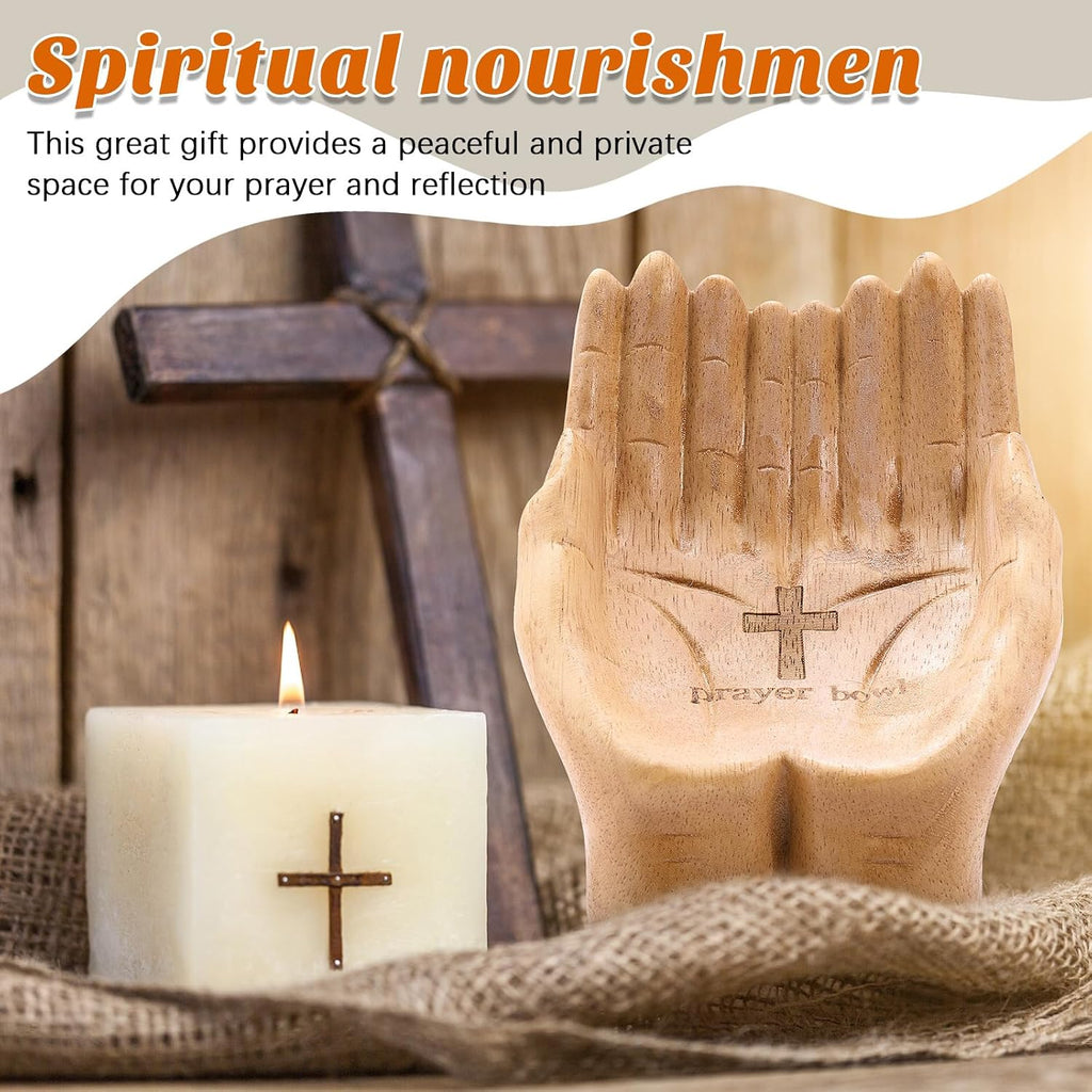Teenyyou Prayer Bowl Wooden, Hands Prayer Bowl, Christian Gifts for Women Men, Cross Hands Shaped Christmas Mother's Day Gifts Birthday Religious Decorative for Mom Dad
