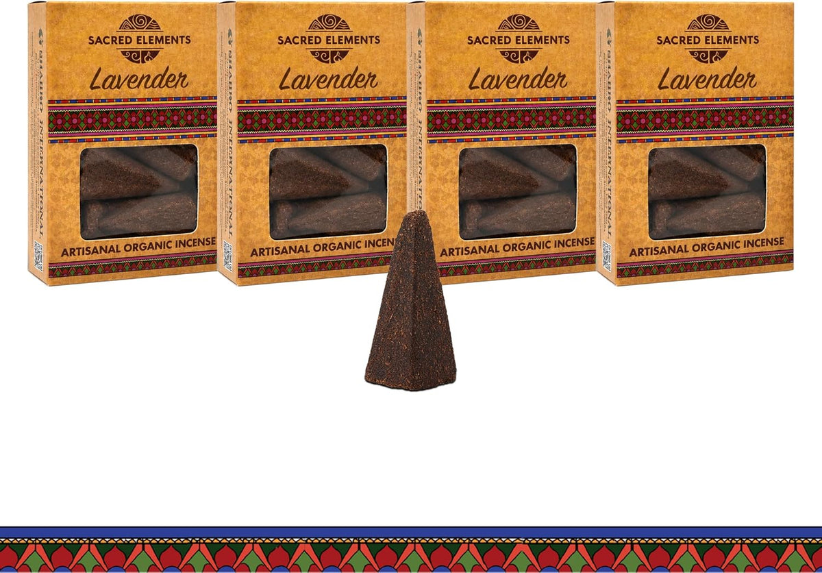 Sacred Elements Organic Incense Cones – Lavender Scent (Pack of 4) | Natural Aromatherapy for Relaxation & Sleep | Handcrafted, Low Smoke, Long-Lasting Fragrance for Bedroom & Home