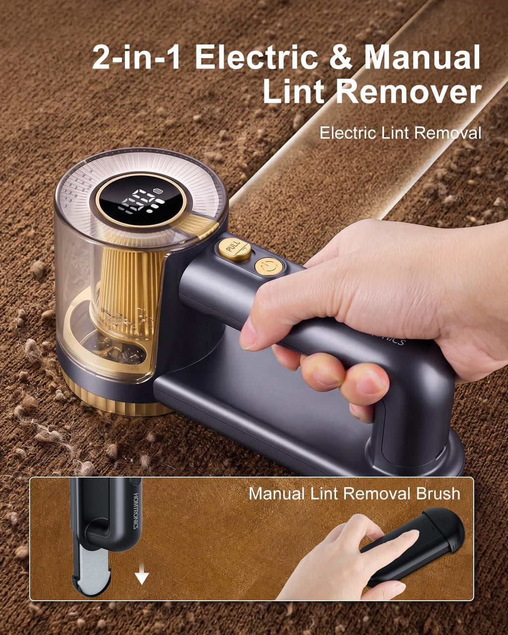 2-in-1 Rechargeable Fabric Shaver, 3 Extra Blades, 3-Speed Lint Remover Sweater Shaver with Digital LED Display, Sweater Shavers to Remove Pilling, Lint Shaver for Clothing & Furniture-Gold