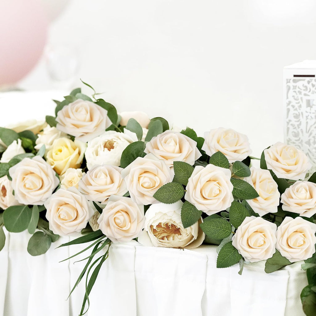 Mocoosy 50Pcs Rose Artificial Flowers, Cream White Fake Roses for Decorations, Real Touch Beige Foam Rose Bulk with Stem DIY Wedding Bouquet Bridal Shower Centerpieces Floral Arrangement Table Decor