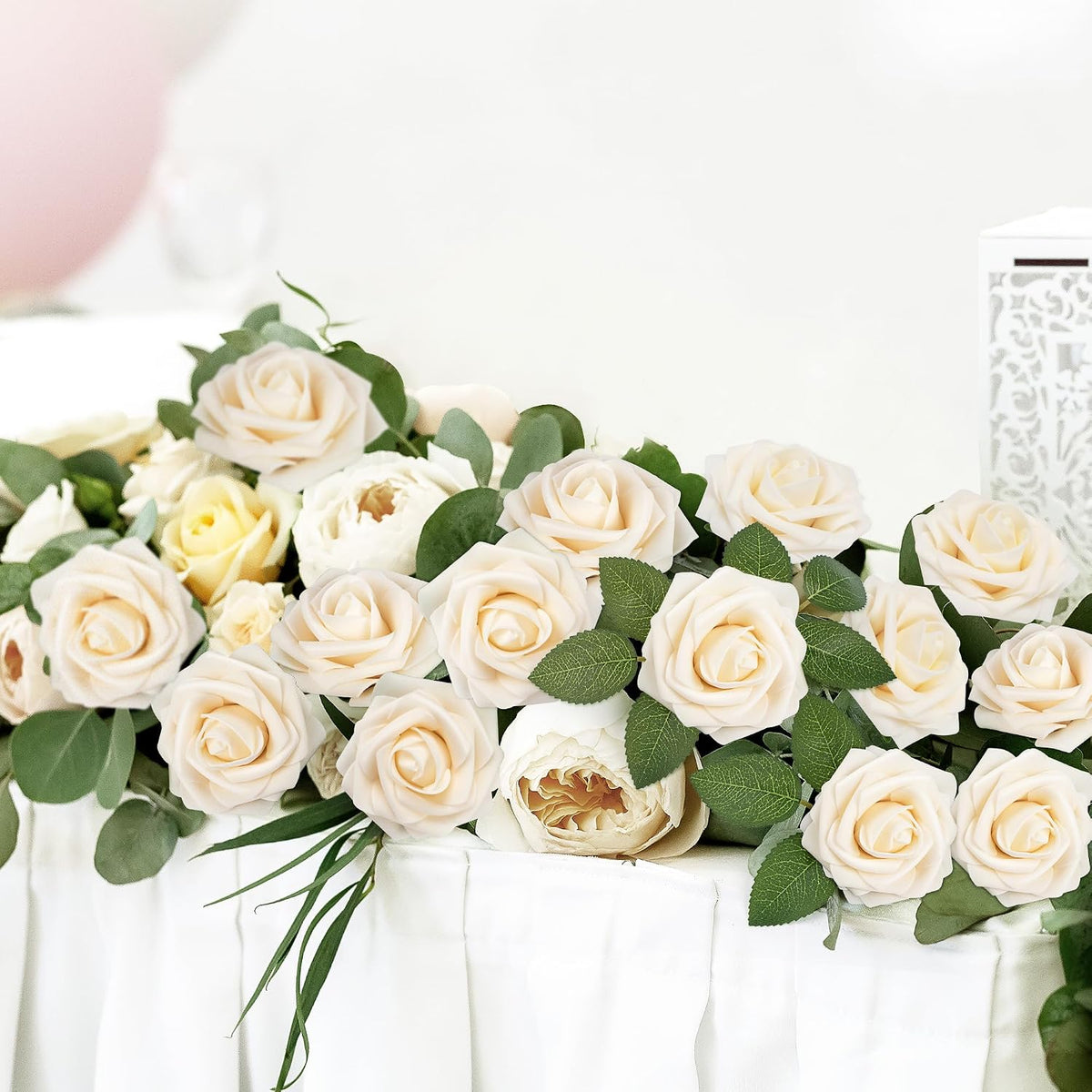 Mocoosy 50Pcs Rose Artificial Flowers, Cream White Fake Roses for Decorations, Real Touch Beige Foam Rose Bulk with Stem DIY Wedding Bouquet Bridal Shower Centerpieces Floral Arrangement Table Decor