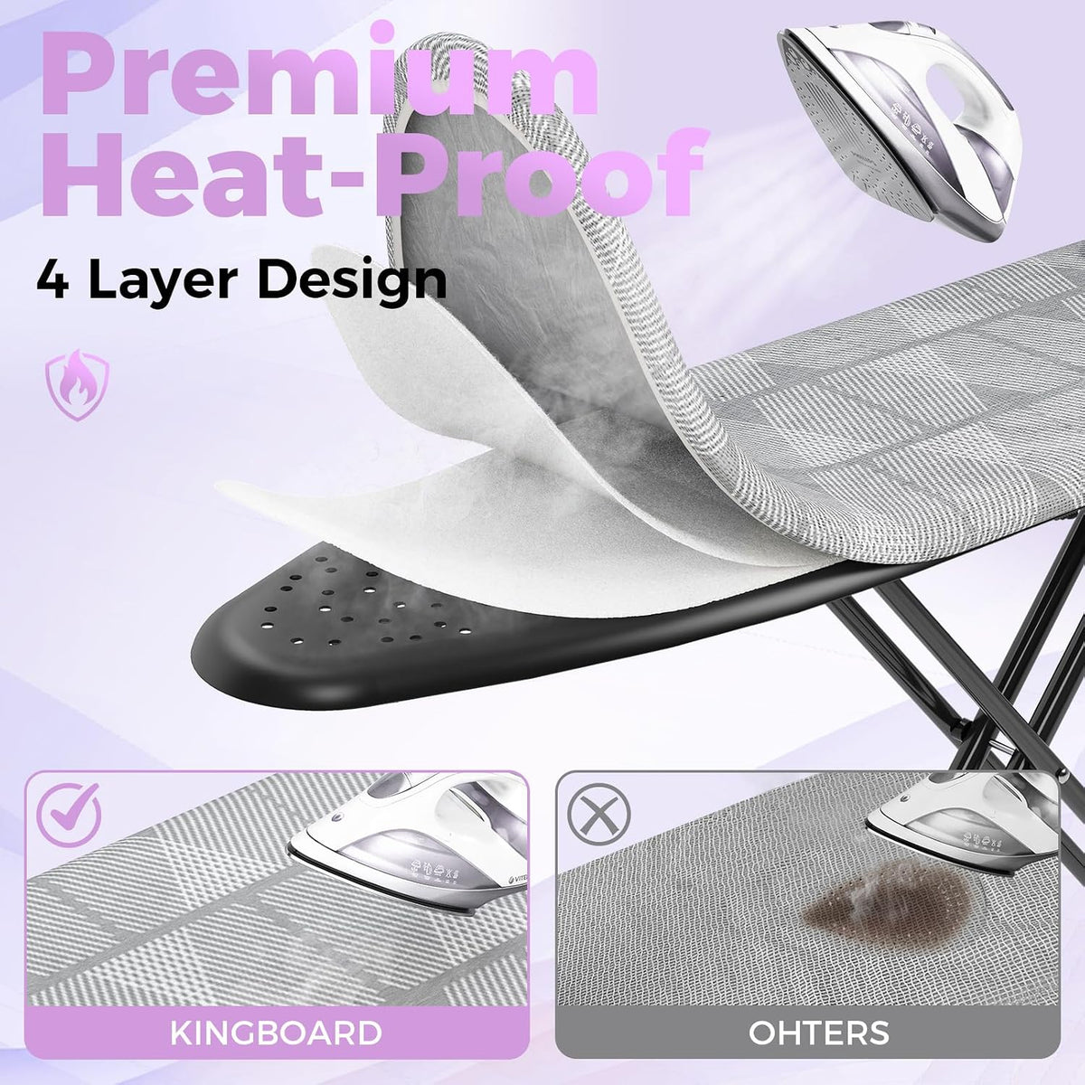 KINGBOARD Ironing Board with Silicon Iron Mat, Heavy Duty Leg 13x43 Grey