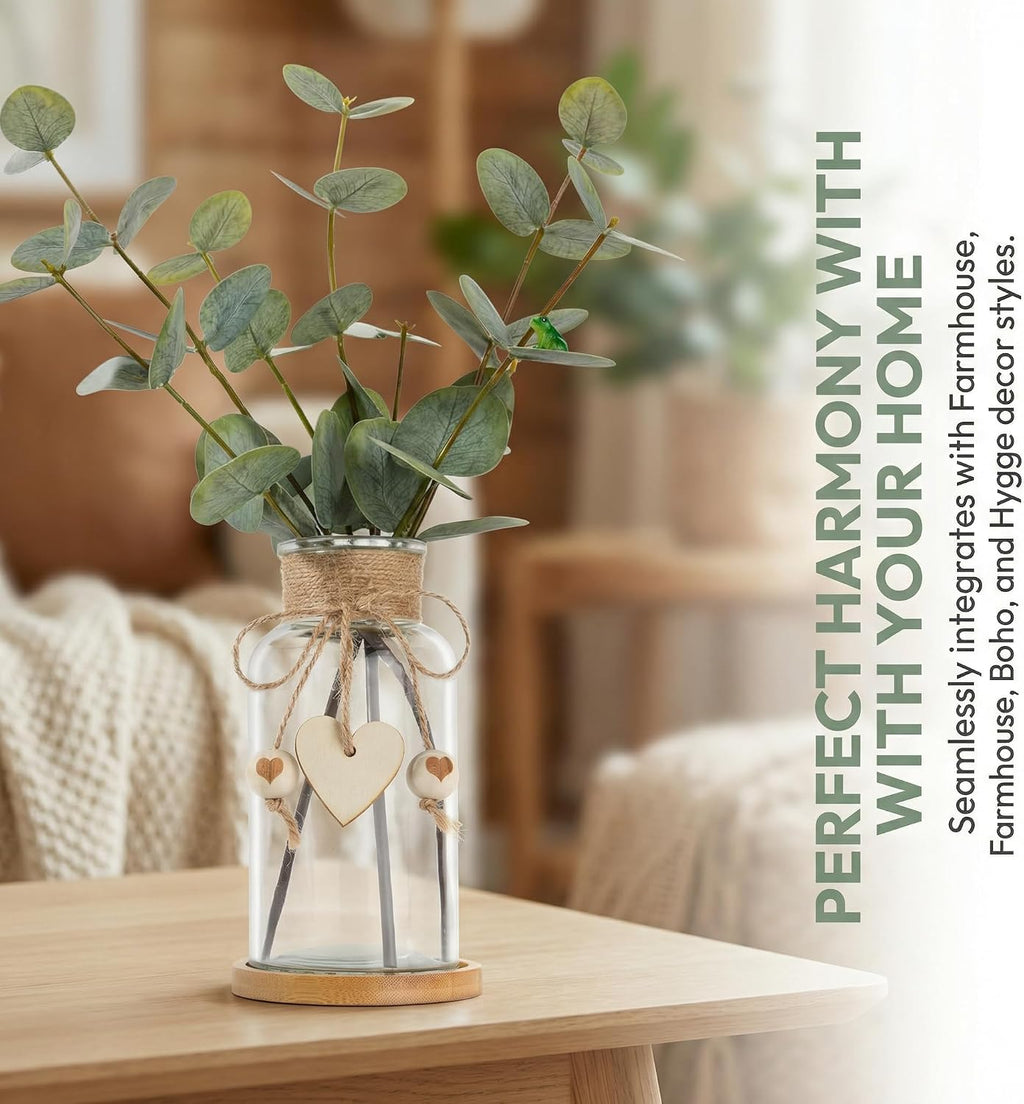 Artificial Eucalyptus Greenery Stems in Glass Vase,15" Doule Side 3D Fake Plants Eucalyptus Leaves faux Greenery for Centerpiece Table Decorations Home Room Decor office Desk Green Decor (Clear)