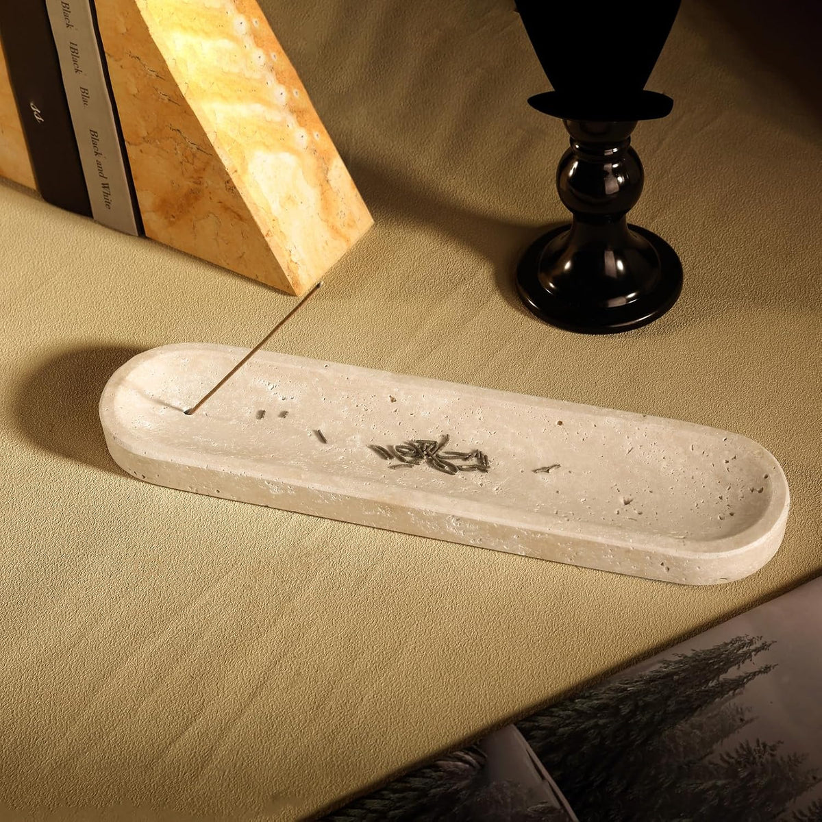 Koville Travertine Incense Holder, Incense Holder for Sticks, Long Incense Sticks Holder Ash Catcher for Meditation Yoga SPA, Natural Stone Incense Burner, Home Table Decor(Beige)