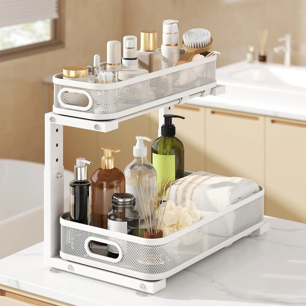 2 Pack Under Sink Organizer With Smooth Cylindrical Rail,2-Tier Pull Out Multi-Purpose Cabinet Storage for Bathroom&Kitchen,Height Adjustable,Rust-resistant Coating-White