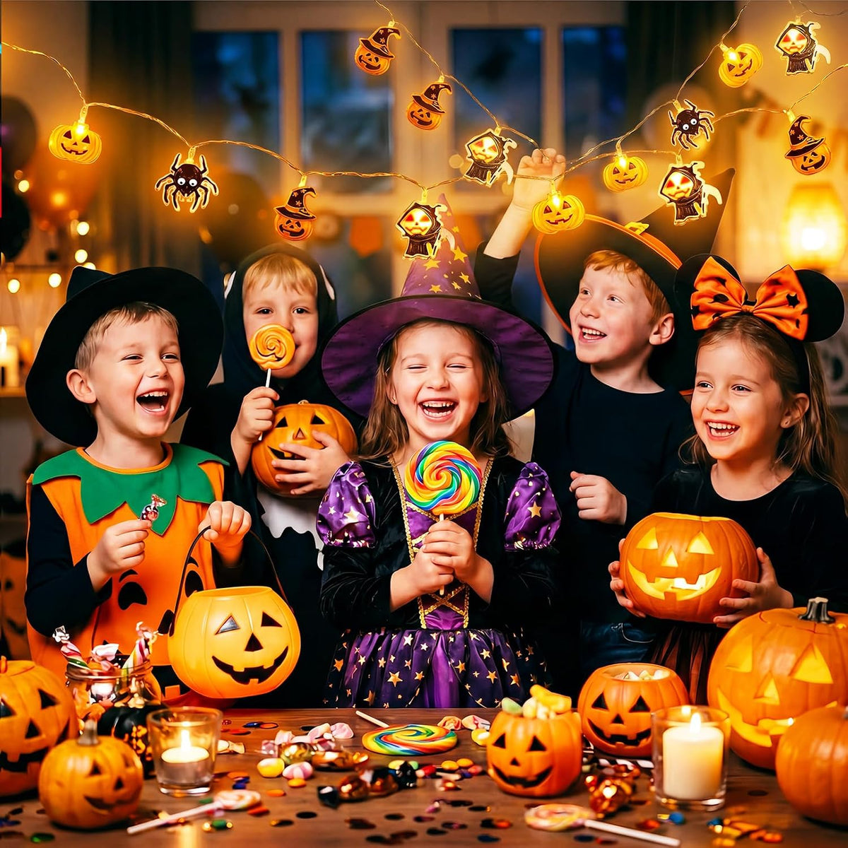 Halloween String Lights Indoor: 16.4 FT 30 LED Battery Operated Pumpkin Skeleton Spiders Lighted Decorations – 8 Modes Waterproof Timer for Window Porch House Room Bedroom Party Decor