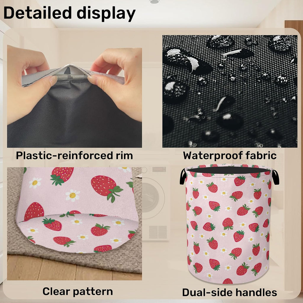 Cute Pink Strawberry Laundry Basket, Extra Large Foldable Hamper for Bathroom/Laundry/Bedroom/Dorm, Washable Fabric Storage Bin with Handle