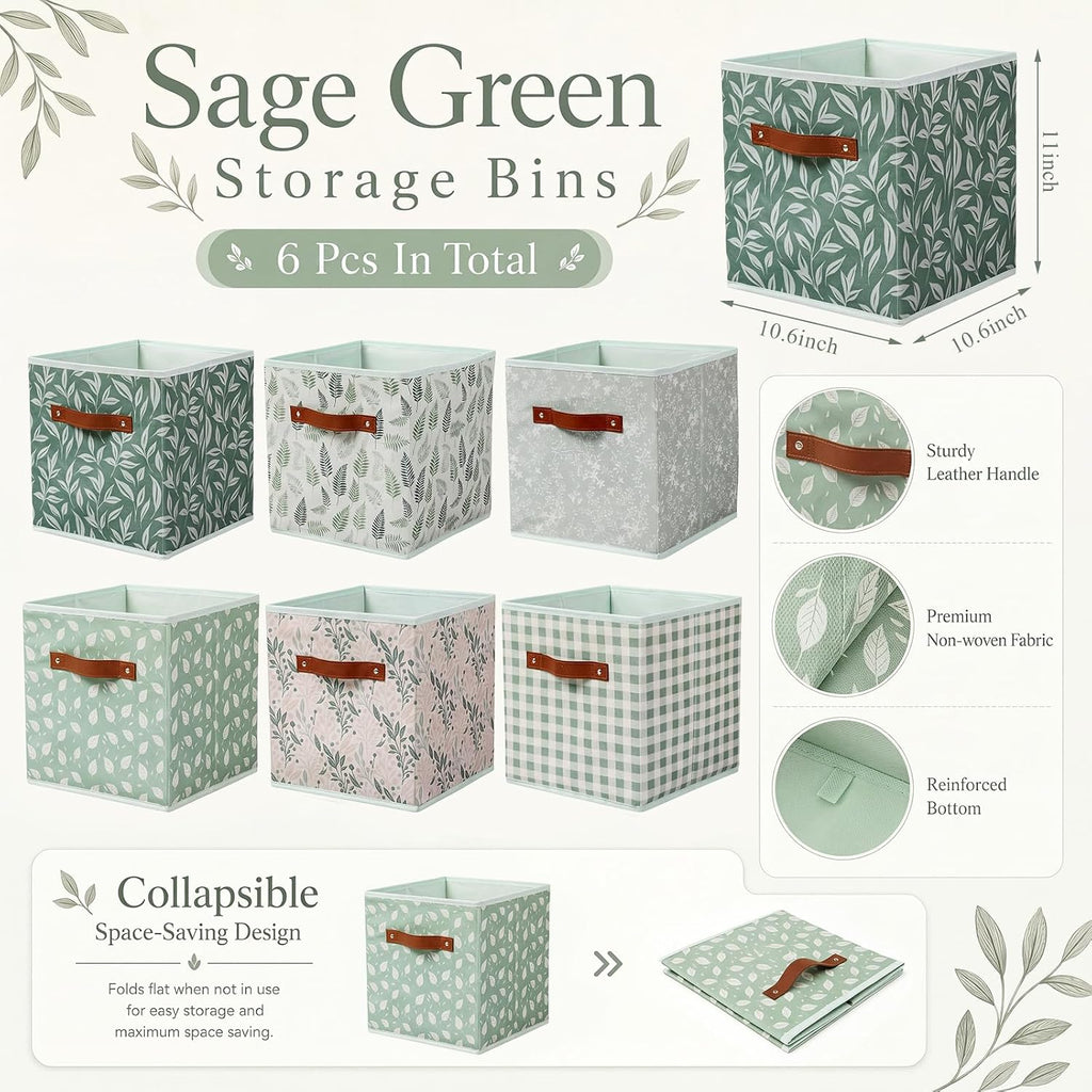 Patelai 6 Pcs Sage Green Cube Storage Bins 11 Inch with Leather Handle