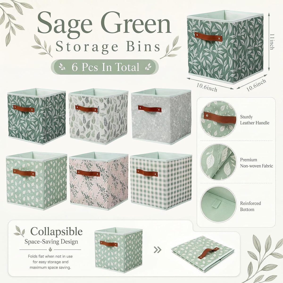 Patelai 6 Pcs Sage Green Cube Storage Bins 11 Inch with Leather Handle